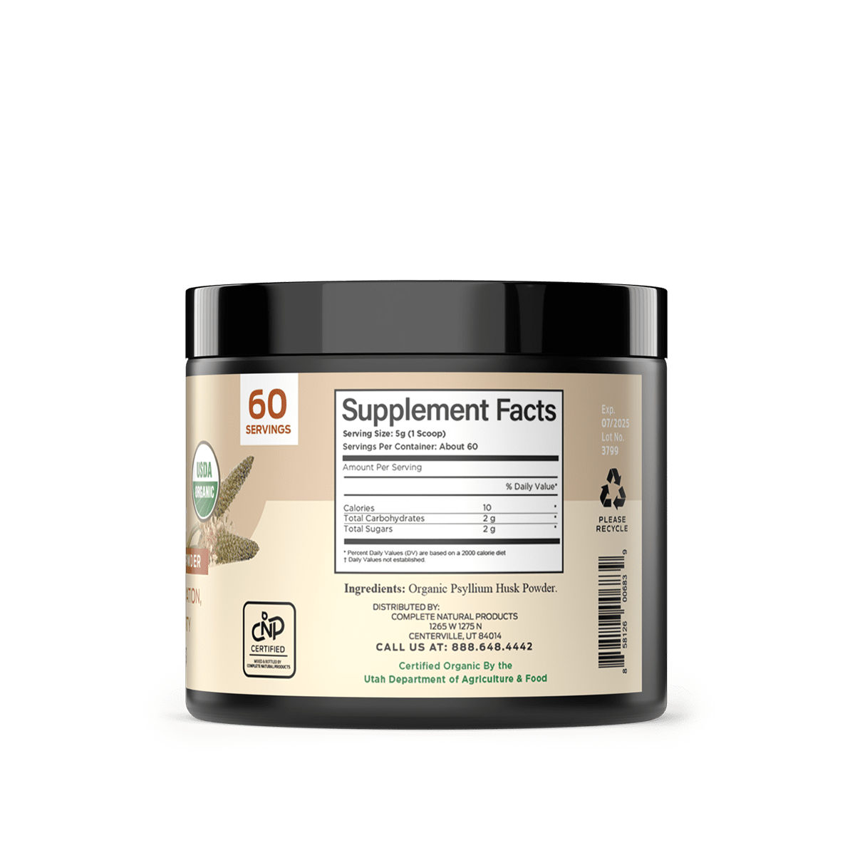 A container of CNPUSA Organic Psyllium Husk Powder with a black lid displays supplement facts, fiber content, serving size, ingredients, and certifications on the label. It highlights 60 servings and its gentle laxative benefits.
