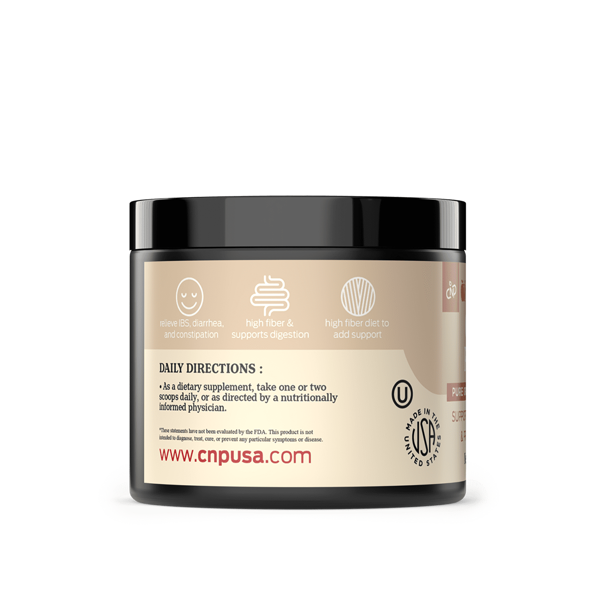 A brown and white CNPUSA container of Organic Psyllium Husk Powder features usage directions, health benefit icons, certification logos, and the website www.cnpusa.com. The label promotes it as a natural fiber laxative.