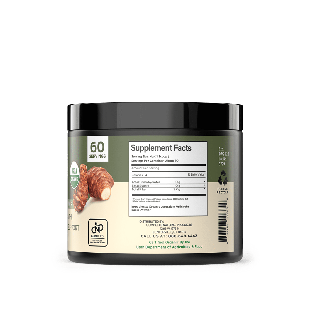 CNPUSA Organic Inulin Powder comes in a black plastic container labeled “Supplement Facts” with a green USDA Organic seal, “60 servings” on the lid, and a sliced Jerusalem artichoke image, highlighting its prebiotic fiber benefits.
