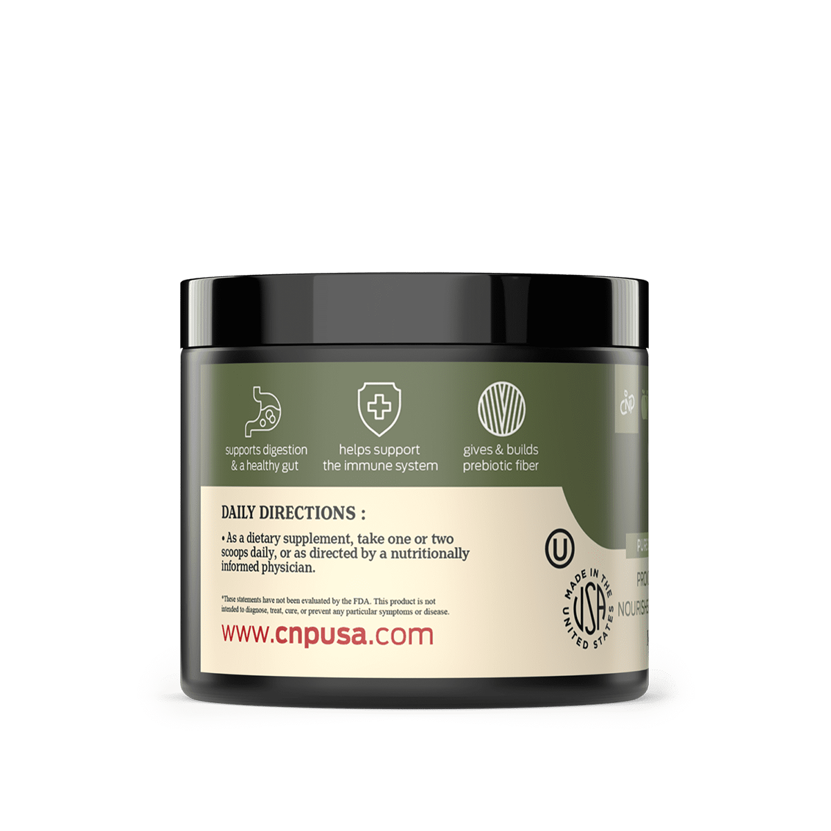 A green and black CNPUSA Organic Inulin Powder container labeled with daily usage directions, digestion, immune support, and prebiotic fiber icons from Jerusalem artichoke. Website: www.cnpusa.com.