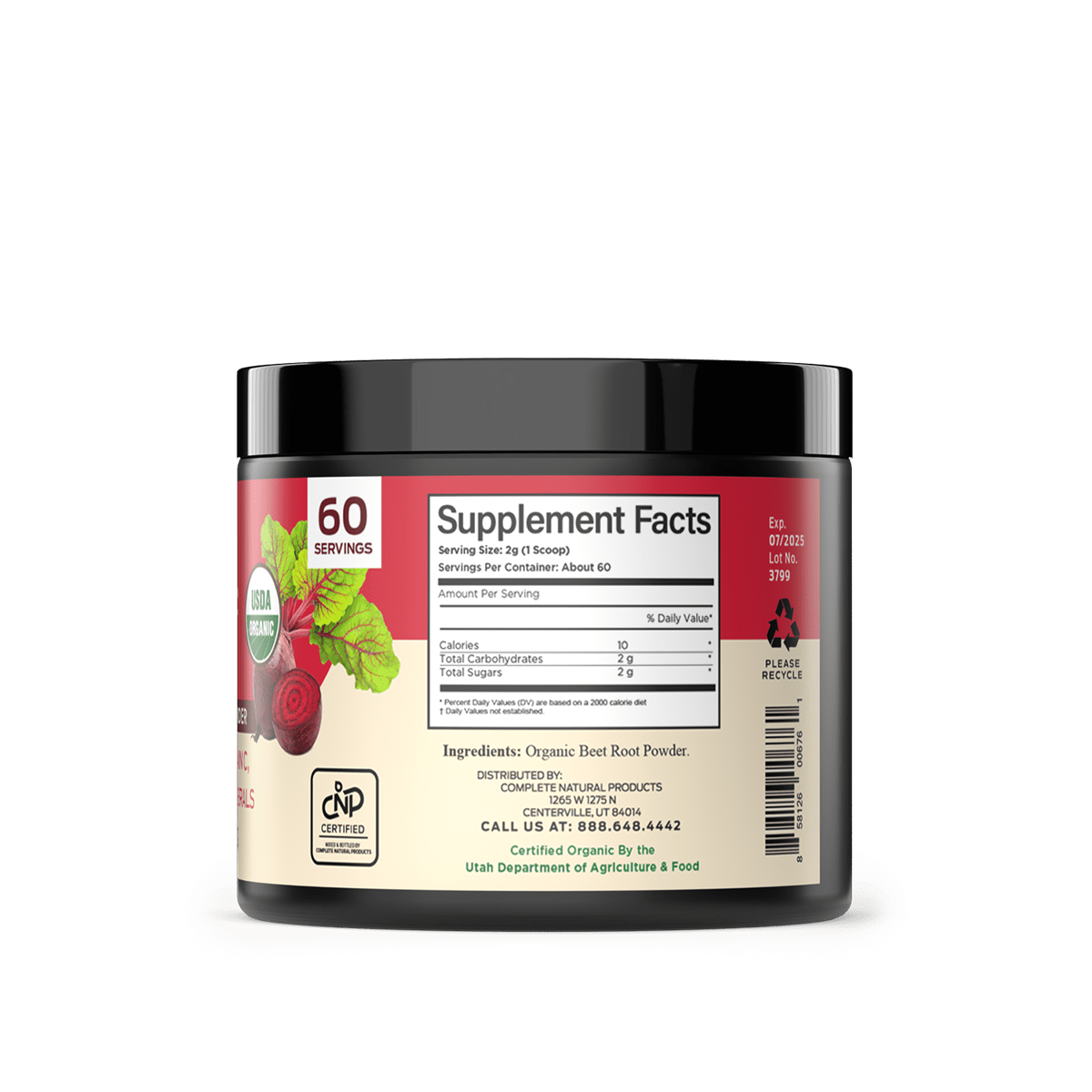 A CNPUSA Organic Beet Root Powder plastic container, with 60 servings, shows USDA organic and certification logos, supplement facts, and images of beets, highlighting natural nutrients from sustainable farming.