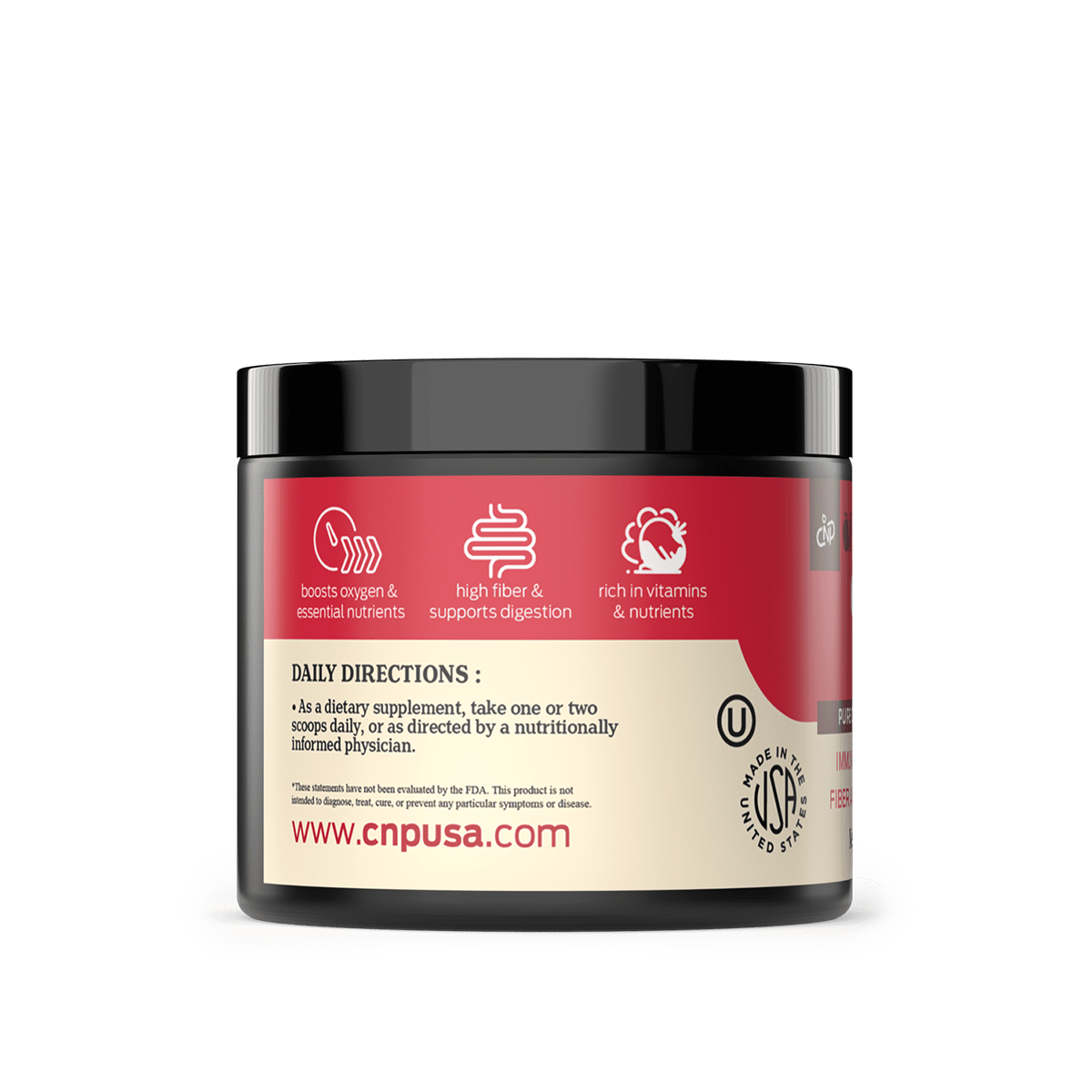 A container of CNPUSA Organic Beet Root Powder with a black lid features a label highlighting oxygen boost, nutrient richness, high fiber for digestion, and vitamins. Directions, website URL, and note on sustainable farming are also shown.