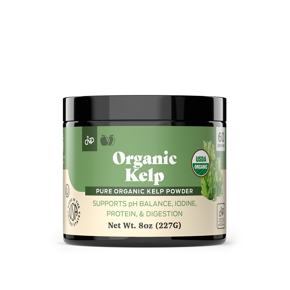 A green and black-labeled 8 oz (227g) container of CNPUSA Organic Sea Kelp Powder, USDA Organic, rich in iodine and protein; supports thyroid health, pH balance, and aids digestion.