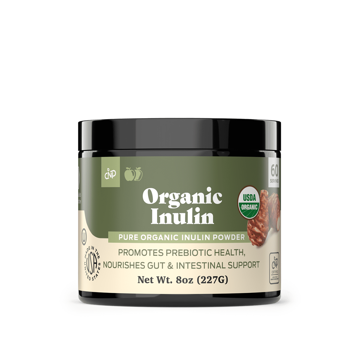 CNPUSA Organic Inulin Powder, pure USDA organic from Jerusalem artichoke, 8 oz (227g), supports prebiotic fiber health and gut wellness. The green packaging displays certification icons.