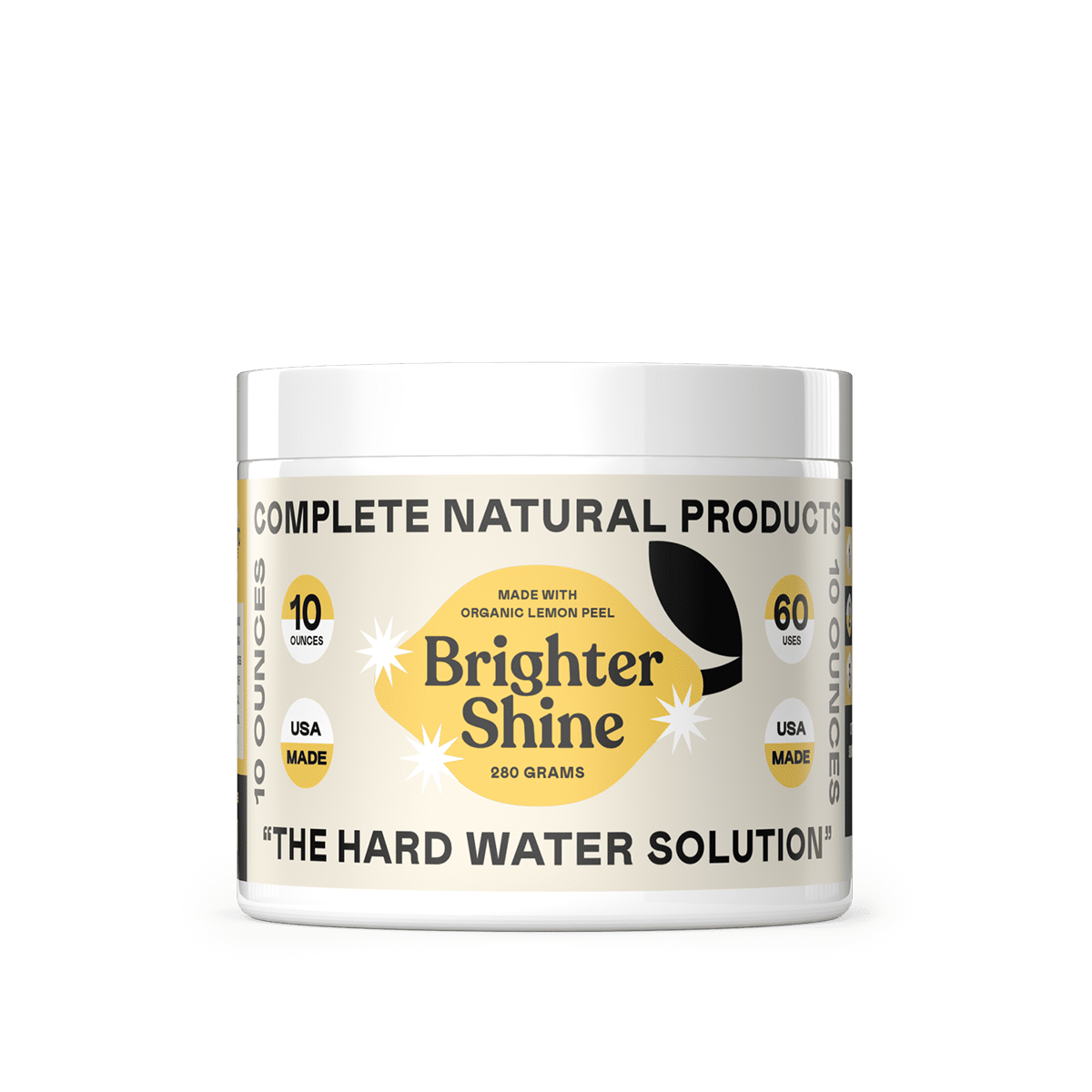 A white container labeled Brighter Shine - Natural Dishwasher Additive & Hard Water Cleaner by CNPUSA features a yellow and black design. Contains 10 ounces (280g) and is made with organic lemon peel and citric acid to combat hard water spots.