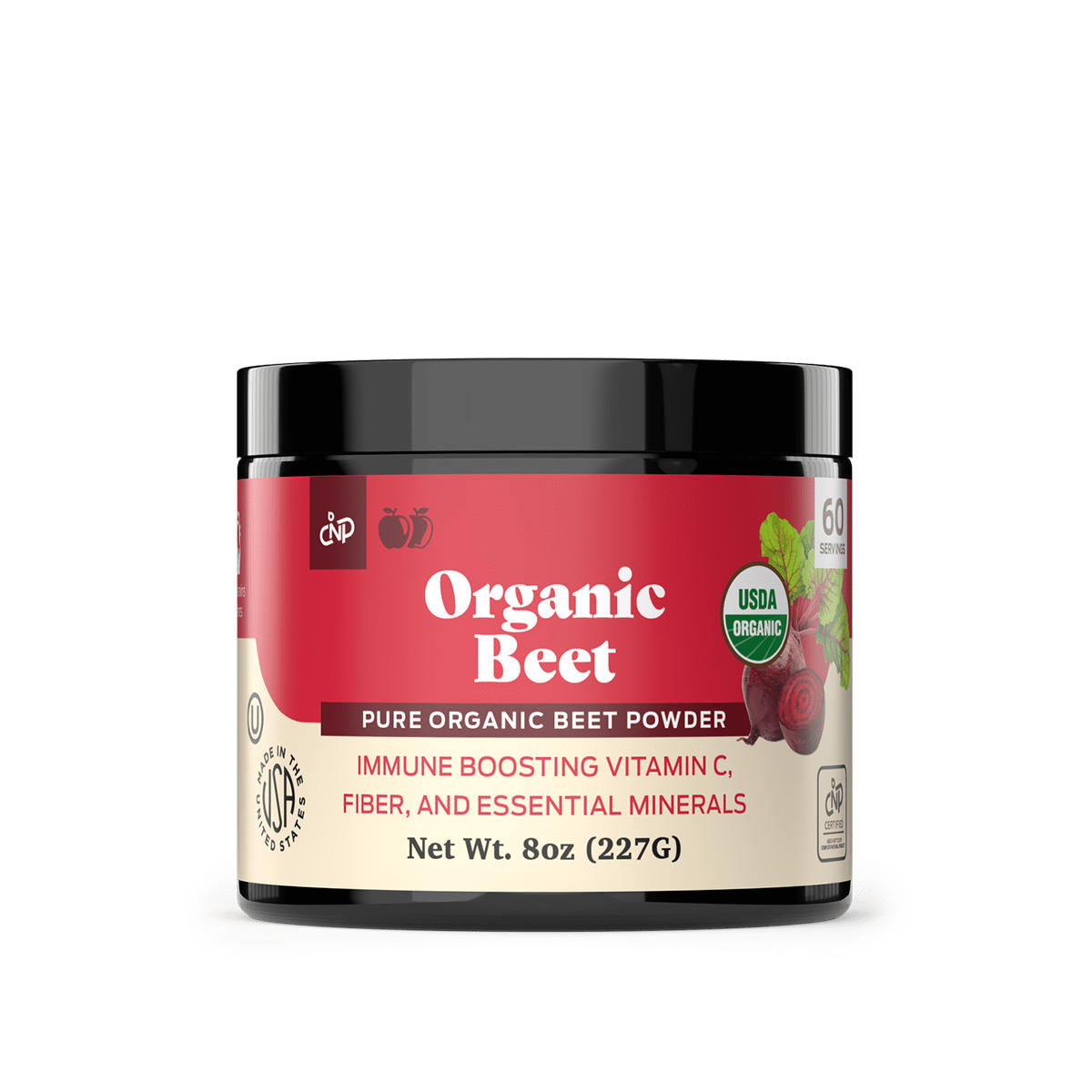 A CNPUSA Organic Beet Root Powder container with a red label featuring beets and leaves. The label notes immune-boosting vitamin C, fiber, essential minerals, USDA Organic certification. Net weight: 8 oz (227g).