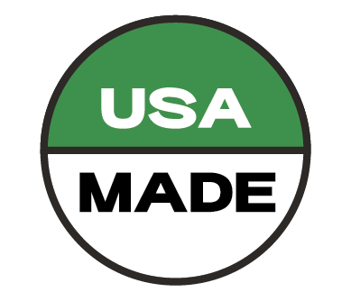 A circular badge divided in half. The top half is green with USA in white letters, and the bottom half is white with MADE in bold black letters.