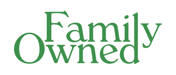 Green text on a white background reads “Family Owned.” The word Family is positioned above and slightly overlapping Owned, both in a serif font.