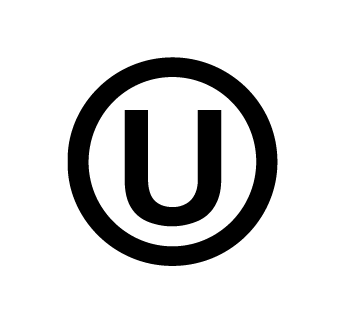 A black letter U inside a black circle on a white background; this is the symbol for kosher certification by the Orthodox Union.