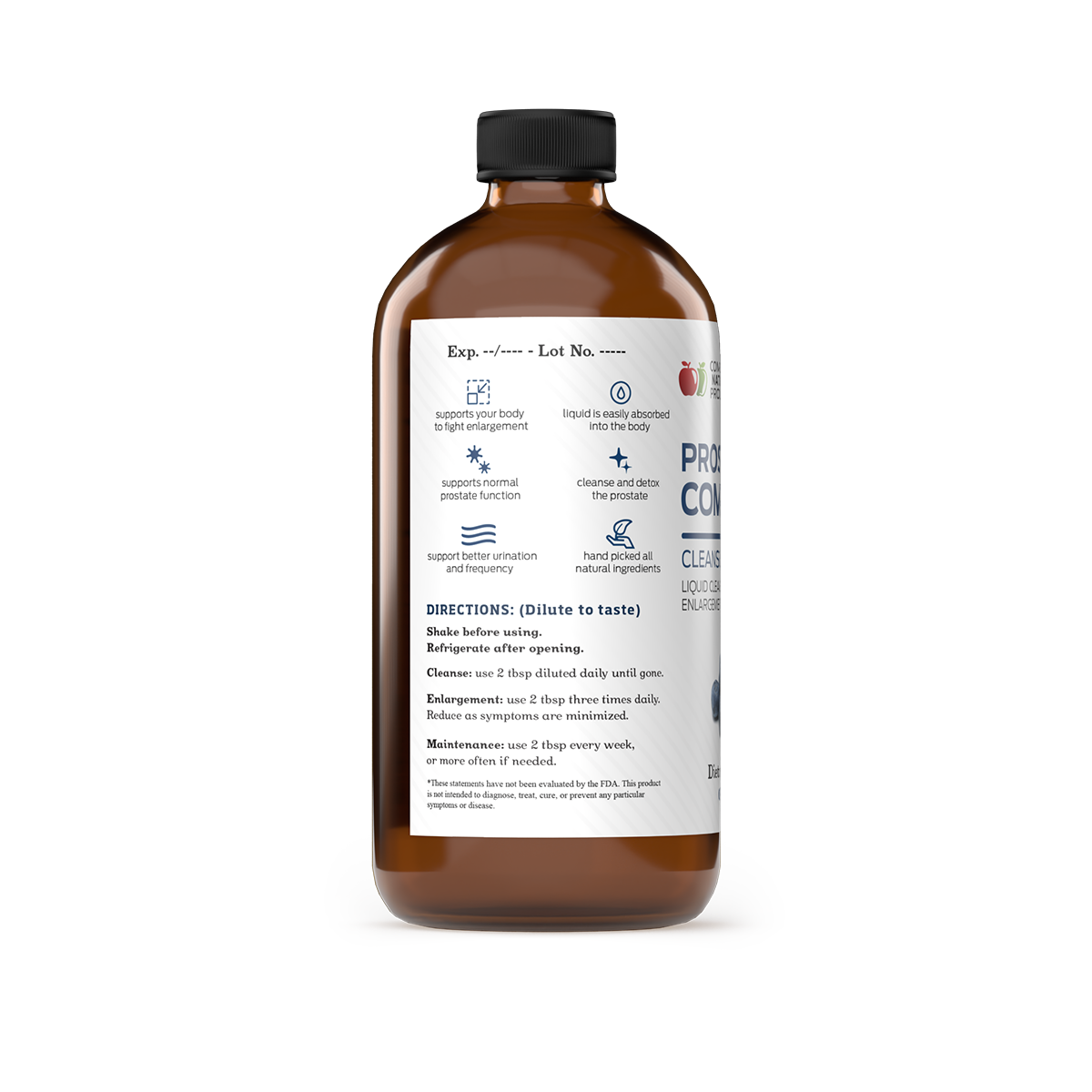 A brown glass bottle with a black cap features a white label showing text, icons, and usage instructions for CNPUSA Prostate Complete liquid supplement, including directions for dilution, dosage, storage, and prostate health support.