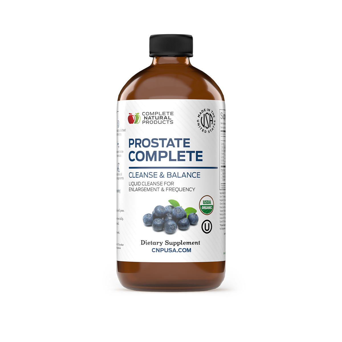 A bottle of CNPUSA Prostate Complete, labeled “Cleanse & Balance” with blueberry images. This USDA Organic dietary supplement supports balanced prostate health naturally and displays certification symbols.