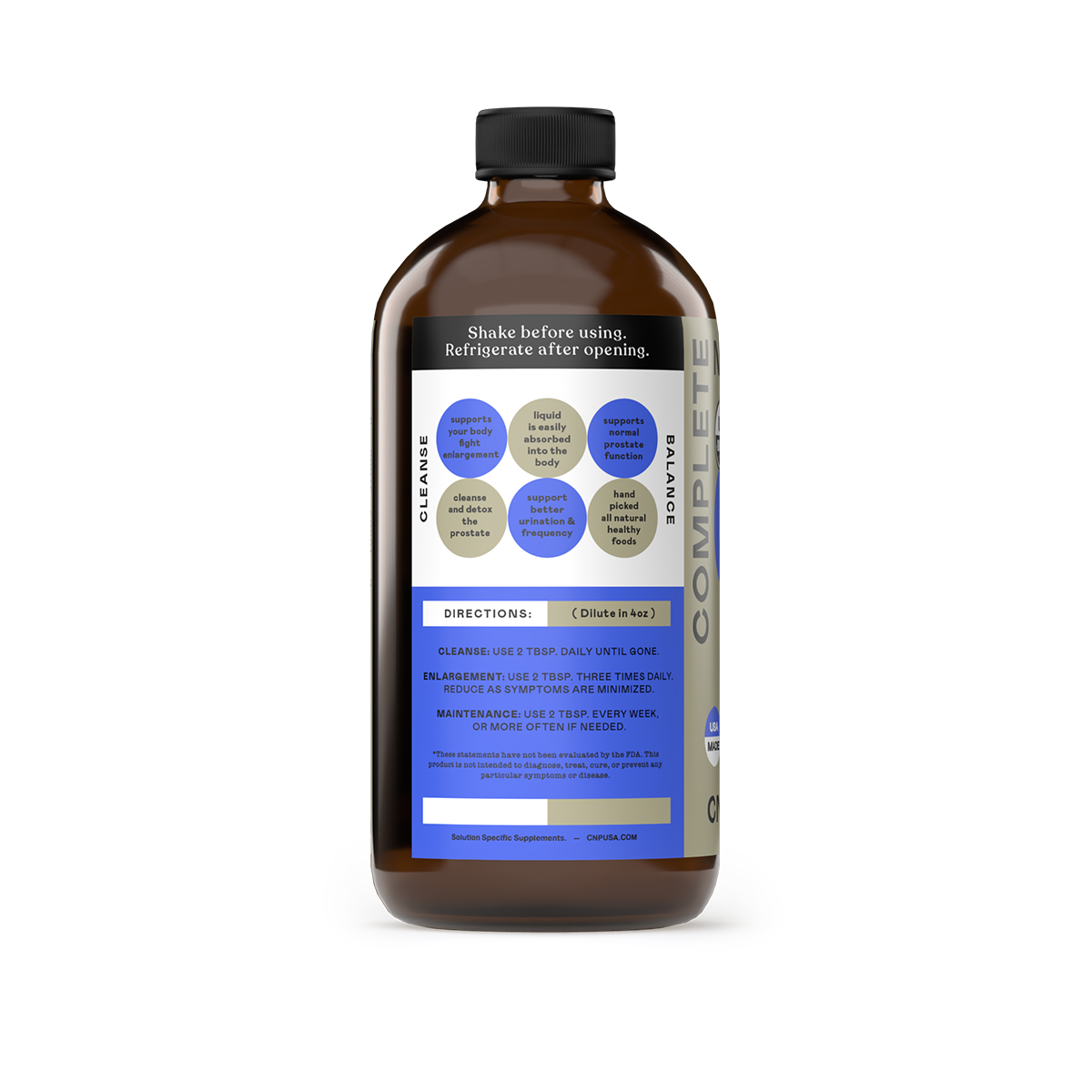 A brown 16oz glass bottle labeled Prostate Complete by CNPUSA features a blue and white back label with directions, dosage chart, natural ingredients, and instructions to shake before use and refrigerate after opening.