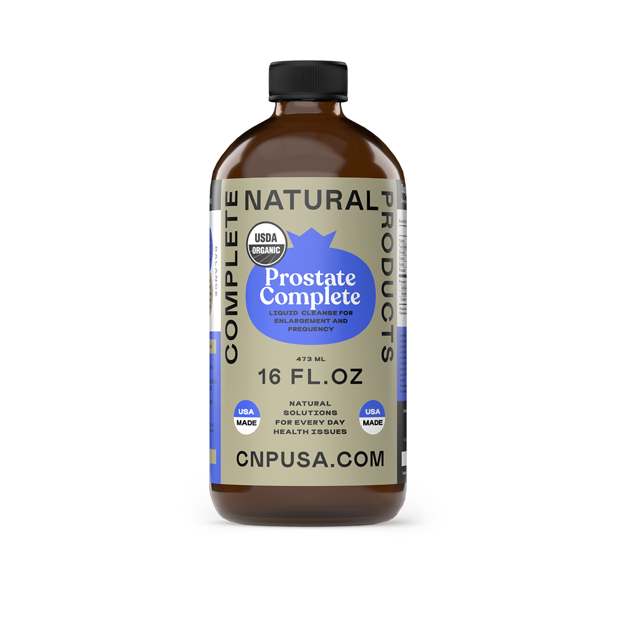 A 16oz glass bottle labeled Prostate Complete by CNPUSA, made in the USA with natural ingredients like apple cider vinegar. USDA organic prostate health solution available at CNPUSA.COM.