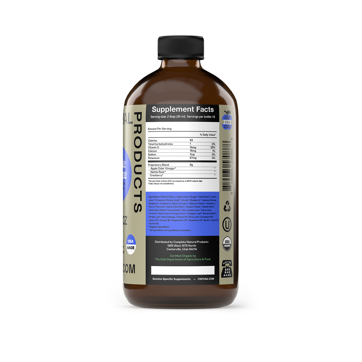 A brown 16oz glass bottle of CNPUSA Prostate Complete stands upright on a white background, featuring a blue label with supplement facts, barcode, and highlights on natural ingredients and nutrition information.