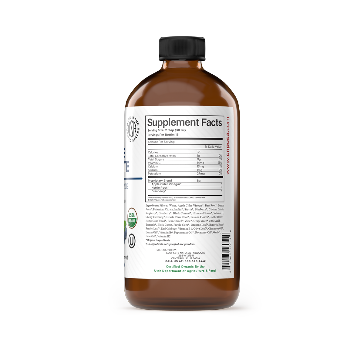 A brown CNPUSA Prostate Complete bottle with a white label featuring supplement facts, ingredients, certifications, and a barcode is shown from the back. The label details this organic supplements nutrition for prostate health.
