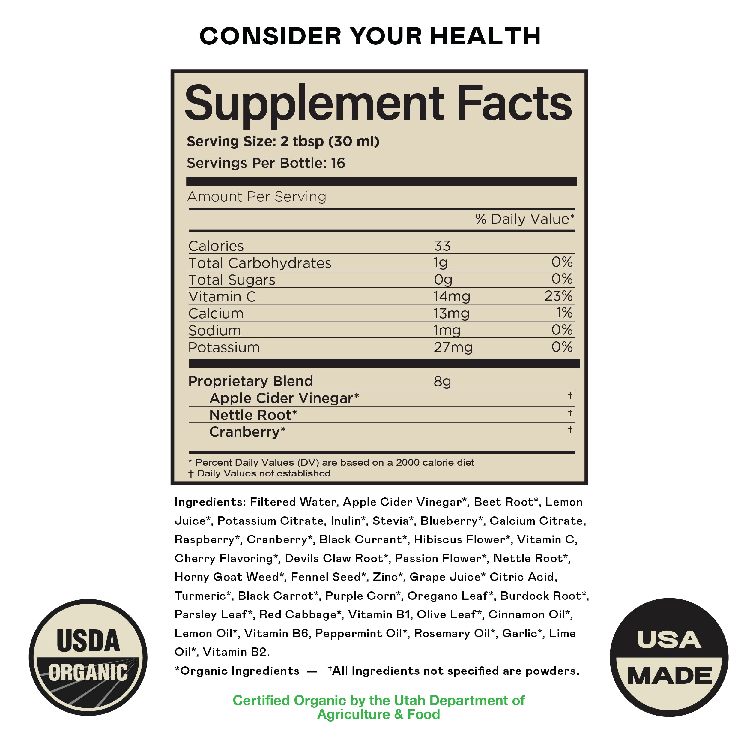 Supplement Facts label for CNPUSA Prostate Complete - 16oz Glass Bottle, featuring calories, vitamins, natural ingredients like apple cider vinegar, and USDA Organic & USA Made logos. Ingredients and certification note appear below the table.