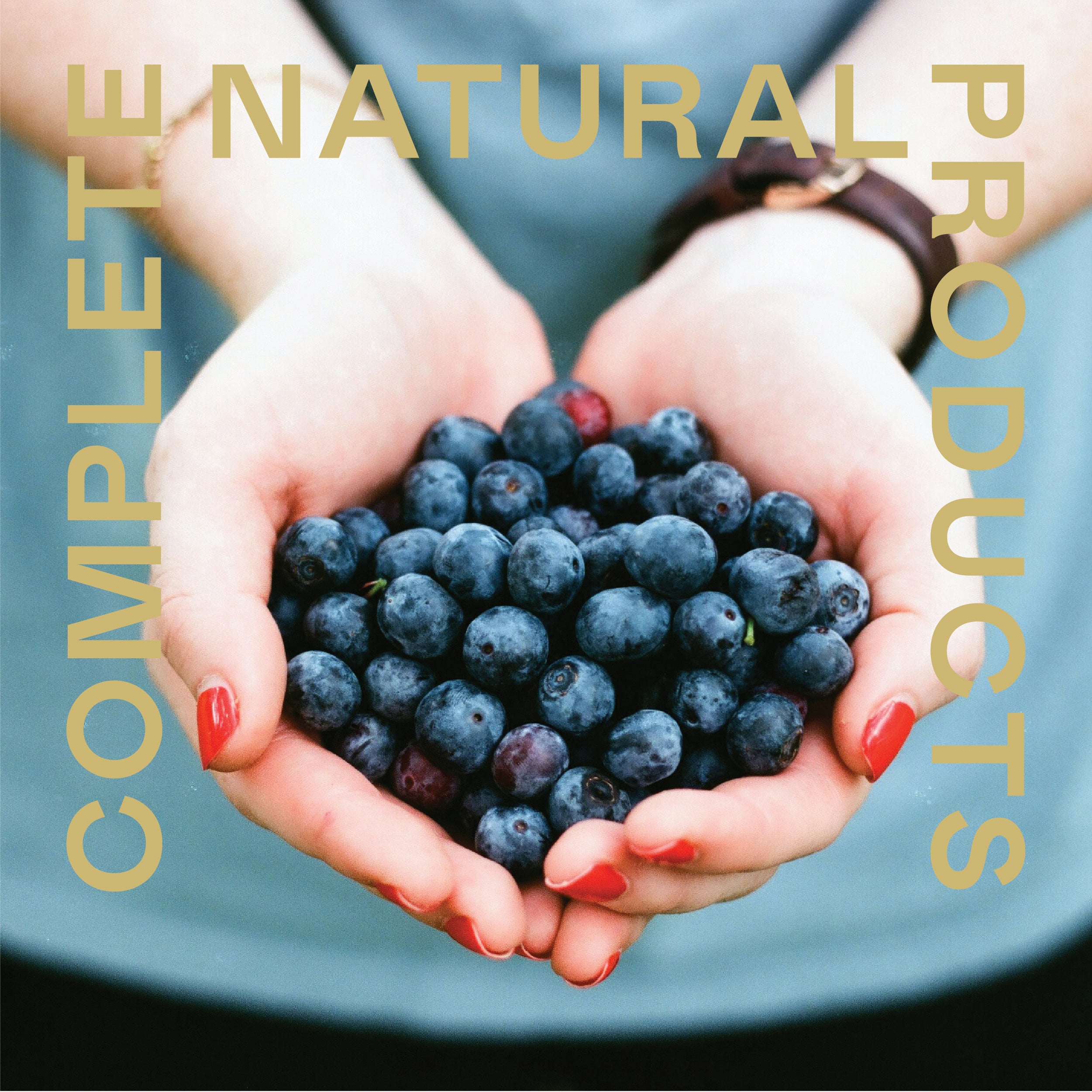 A person with red nail polish holds a handful of fresh blueberries. Overlaid text reads: CNPUSA PROSTATE COMPLETE, highlighting natural ingredients with CNPUSA and COMPLETE vertically aligned and PROSTATE across the top.