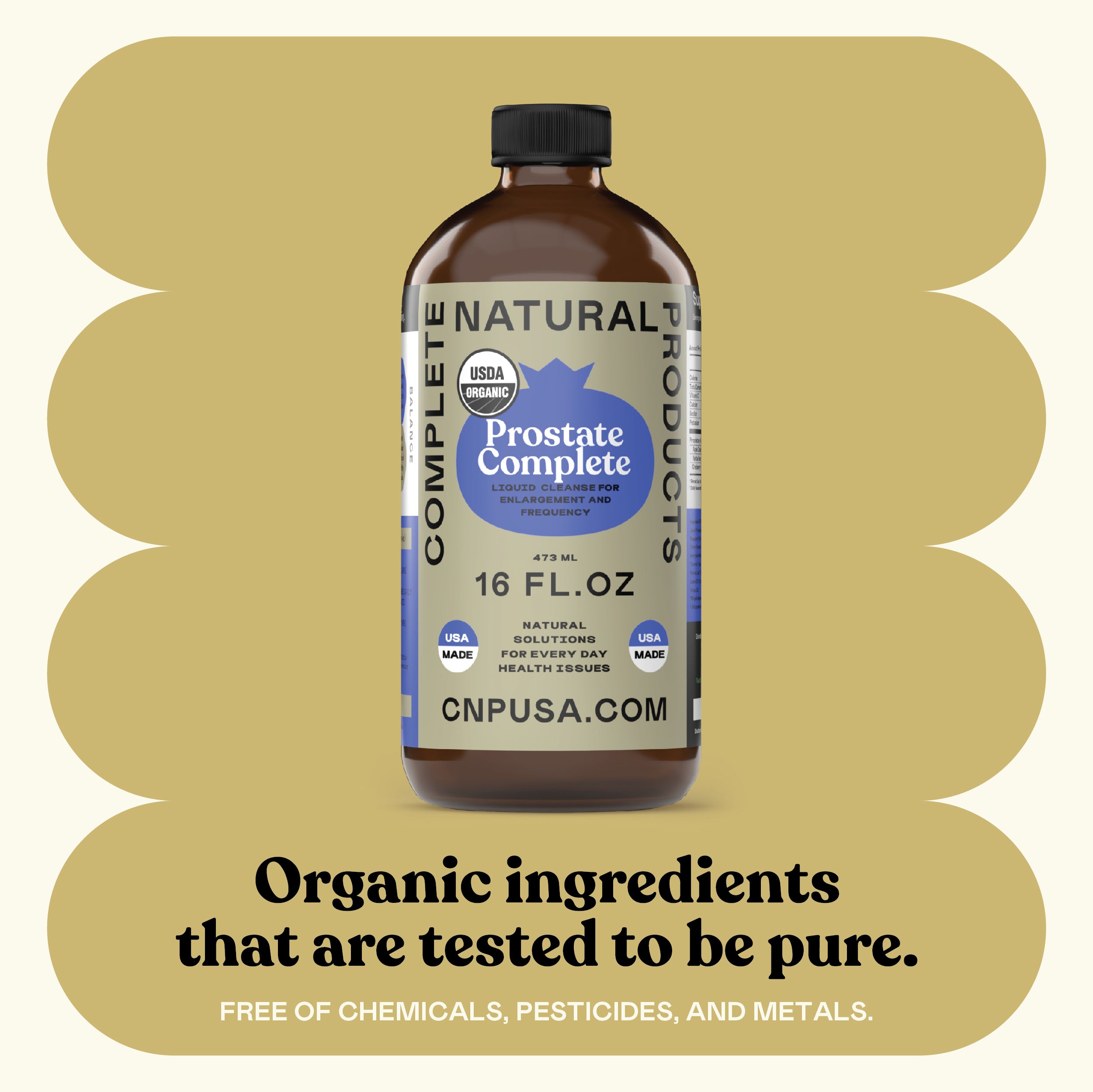 A brown glass bottle labeled CNPUSA Prostate Complete - 16oz stands on a beige background. Text below: Features natural, tested-pure ingredients—free of chemicals, pesticides, and metals—with added apple cider vinegar for wellness.