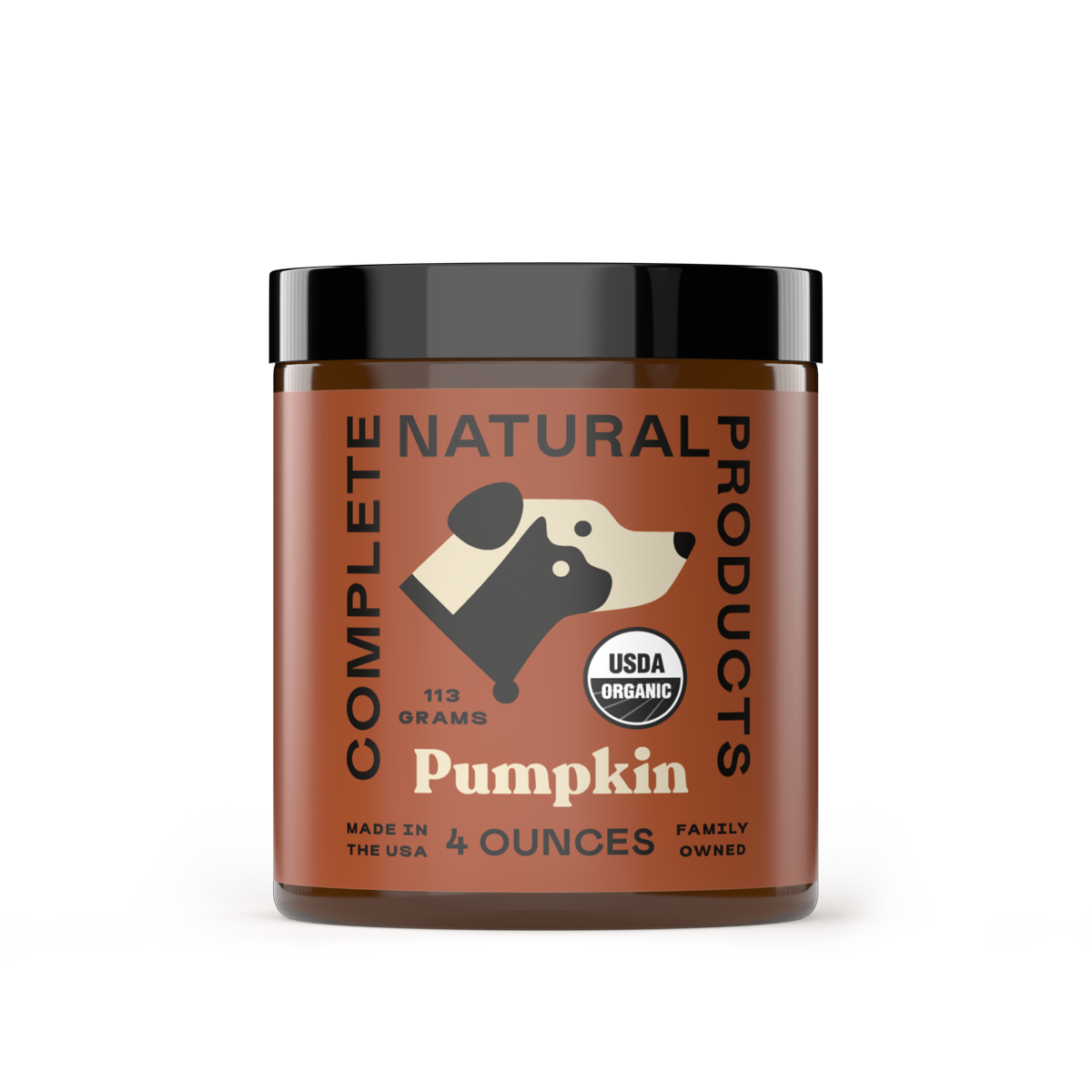 A jar labeled CNP Pet Organic Pumpkin Powder for Dogs & Cats with a dog illustration, USDA Organic seal, “113 grams / 4 ounces,” “Made in the USA,” and “Family owned.” Ideal for pet nutrition and digestion, set on a dotted dark background.