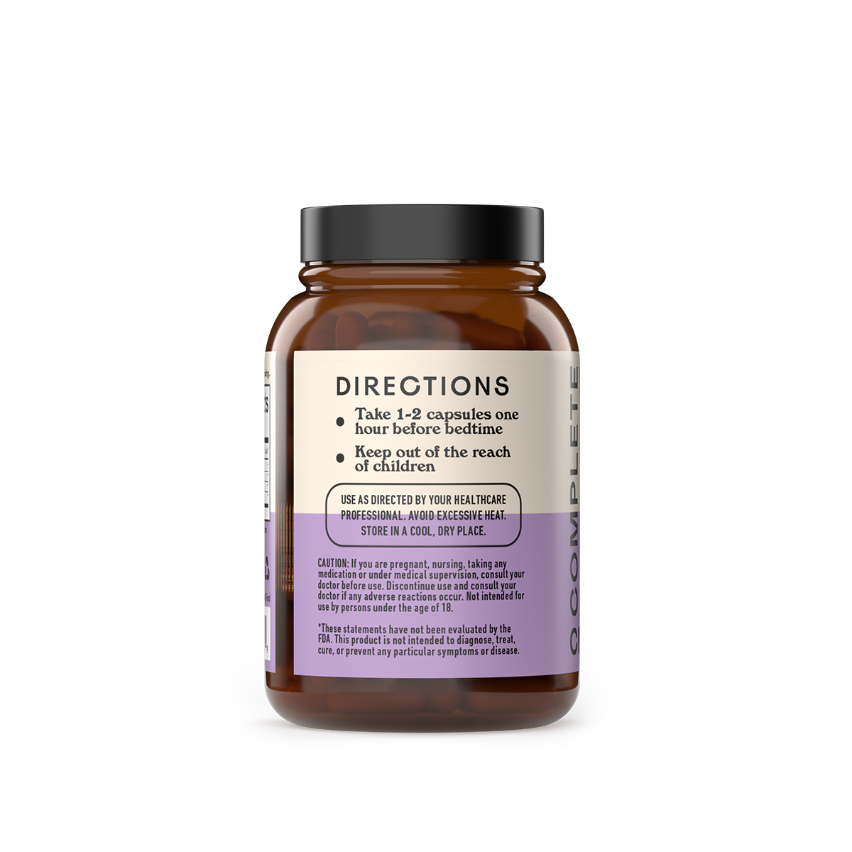 A brown CNPUSA Sleep Sweet Capsules bottle shows directions: Take 1–2 capsules one hour before bedtime. The label features sleep tips, caution and storage instructions. Keep out of reach of children.