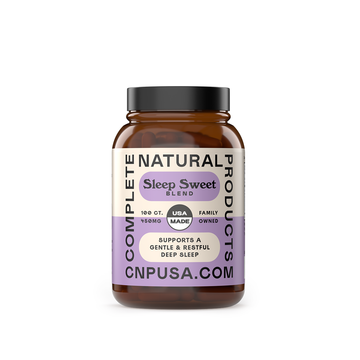 A brown bottle labeled Sleep Sweet Capsules by CNPUSA, highlighting gentle, restful sleep support for uninterrupted nights. The family-owned, USA-made product displays the website CNPUSA.COM.