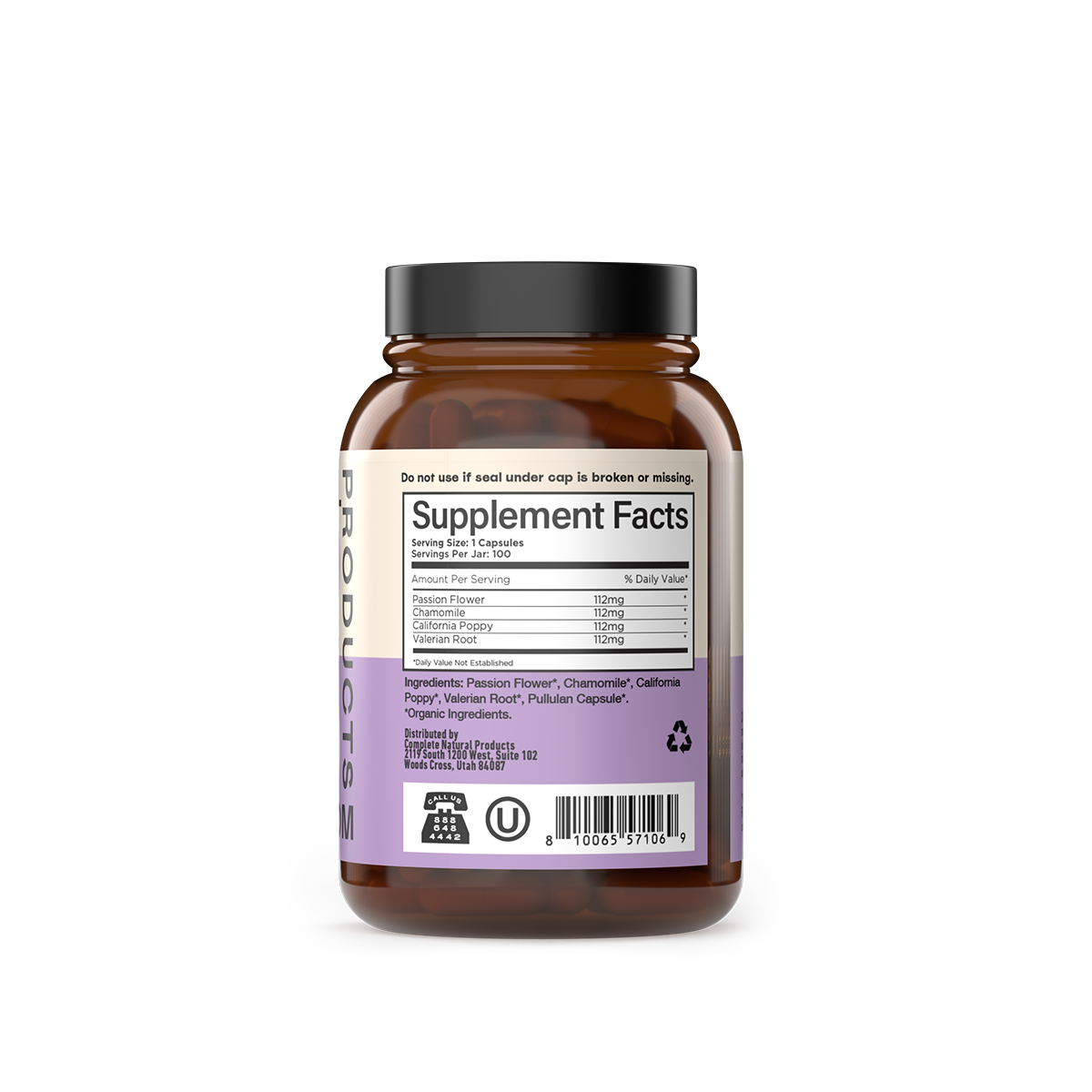 A Sleep Sweet Capsules bottle from CNPUSA features a brown color, purple label, and Supplement Facts showing passion flower, chamomile, California poppy, valerian root, and pullulan capsule—botanicals for restful sleep.