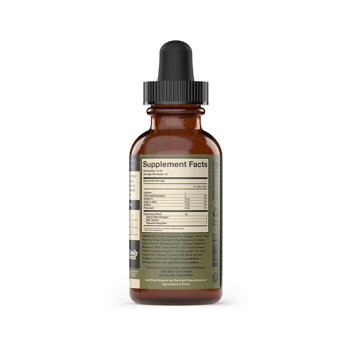 A brown glass dropper bottle with a black cap shows a label featuring Supplement Facts in a table. CNP Pet Gallbladder & Liver Cleanse supports pet health by removing toxins. The product is displayed against a white background.