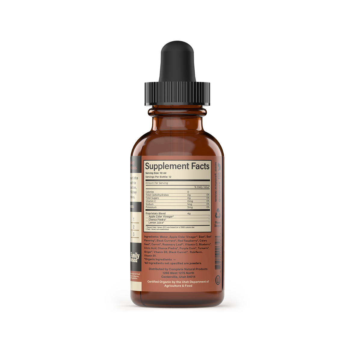 A brown glass dropper bottle of CNP Pet Kidney & Bladder Stone Cleanse, featuring a “Supplement Facts” label listing Chanca Piedra and other info on the back, plus a black dropper cap and a light background.