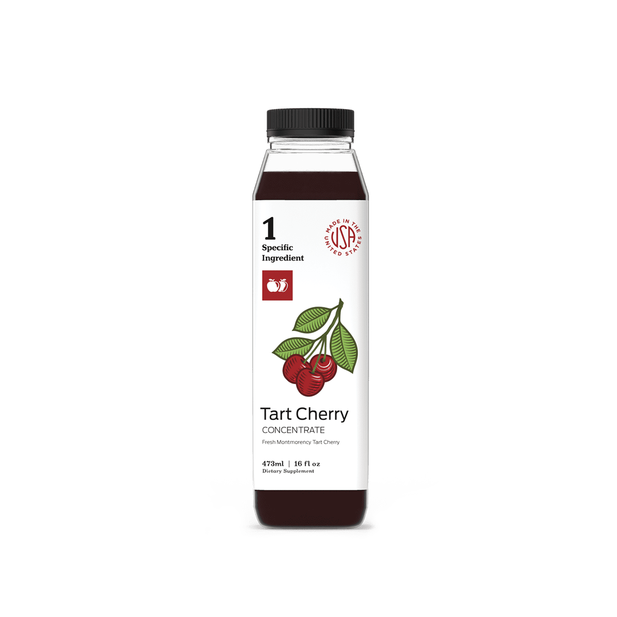 A clear plastic bottle with a black cap labeled CNPUSA Tart Cherry Juice Concentrate. The label shows Montmorency Tart Cherries, highlights anthocyanins as the key ingredient, and states 473 mL | 16 fl oz.