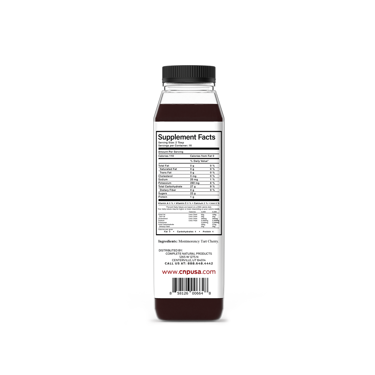 A bottle of CNPUSA Tart Cherry Juice Concentrate made from Montmorency Tart Cherries, displaying the back label with supplement facts, ingredient list, distributor details, and website.