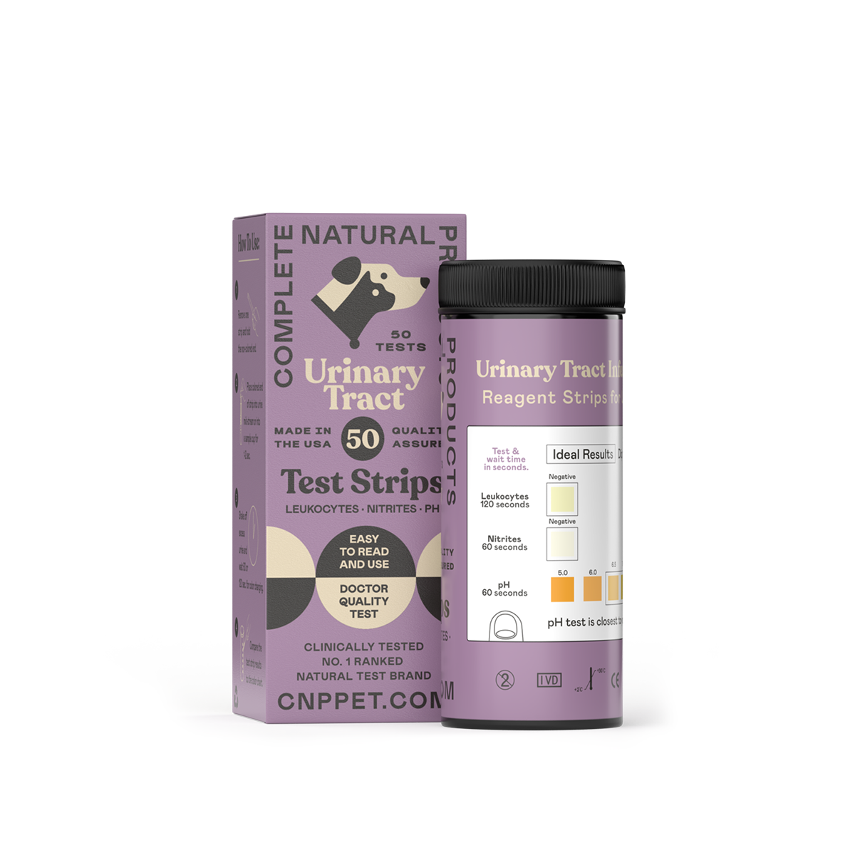 A box of CNP Pet UTI Test Strips for Dogs, Cats, & Pets contains 50 strips with usage instructions and product info—ideal for early at-home detection of urinary tract infections in pets.
