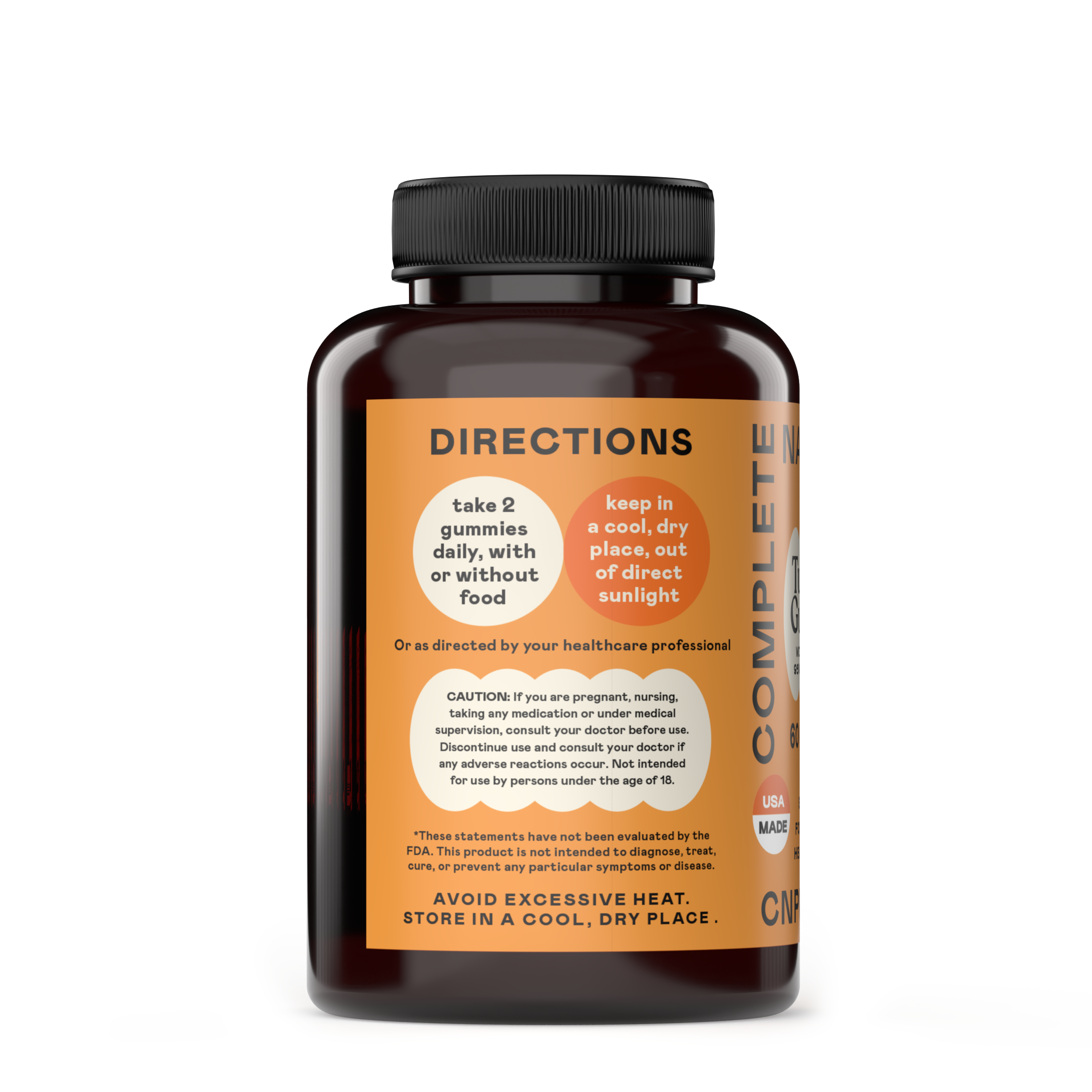 A bottle of CNPUSA Turmeric & Ginger Gummies, with an orange and white label, displays directions to take 2 gummies daily, store in a cool, dry place, and includes precautionary information in black text.