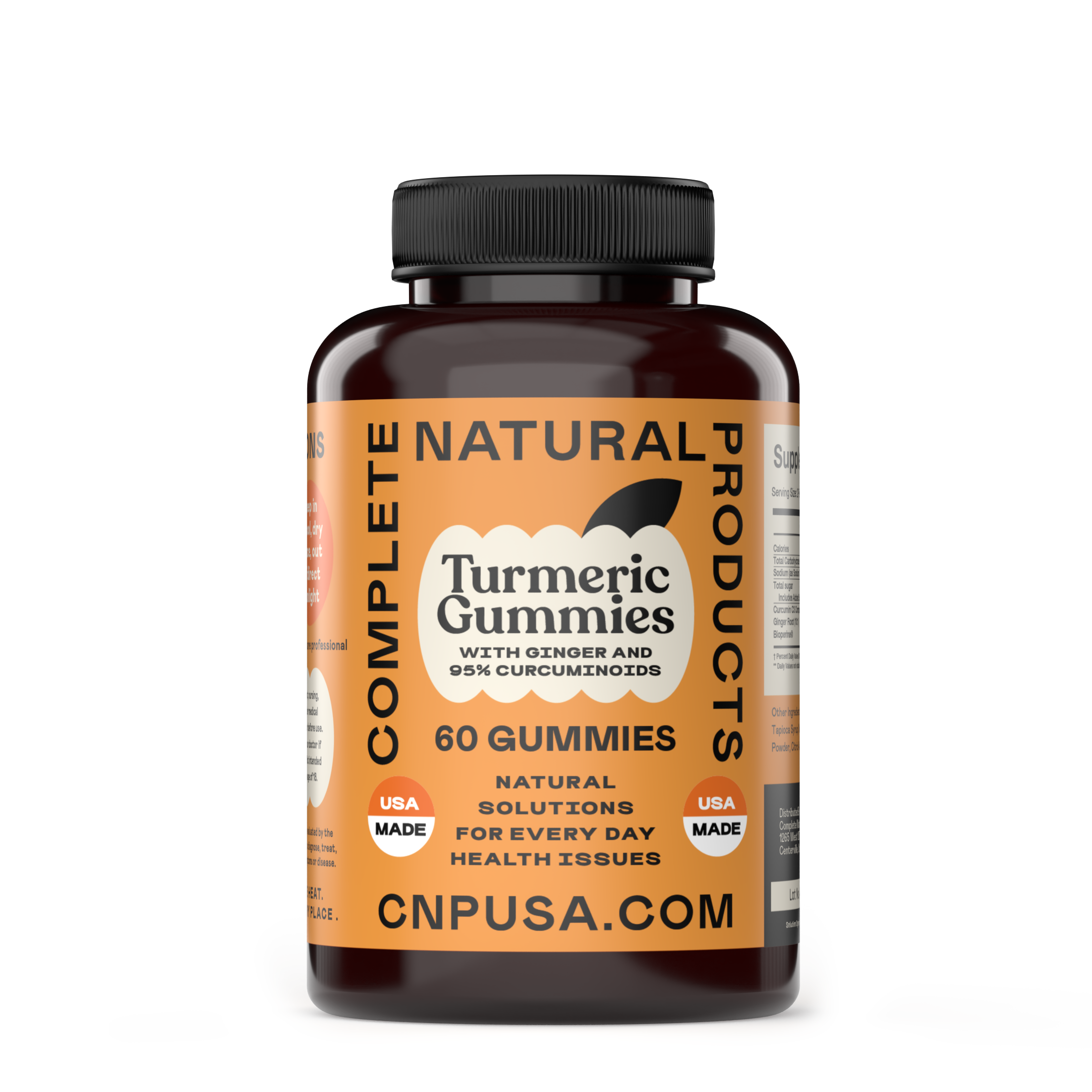 A bottle of CNPUSA Turmeric & Ginger Gummies contains 60 gummies with turmeric curcumin (95% curcuminoids), ginger, and black pepper extract. This USA-made natural formula supports everyday health solutions.
