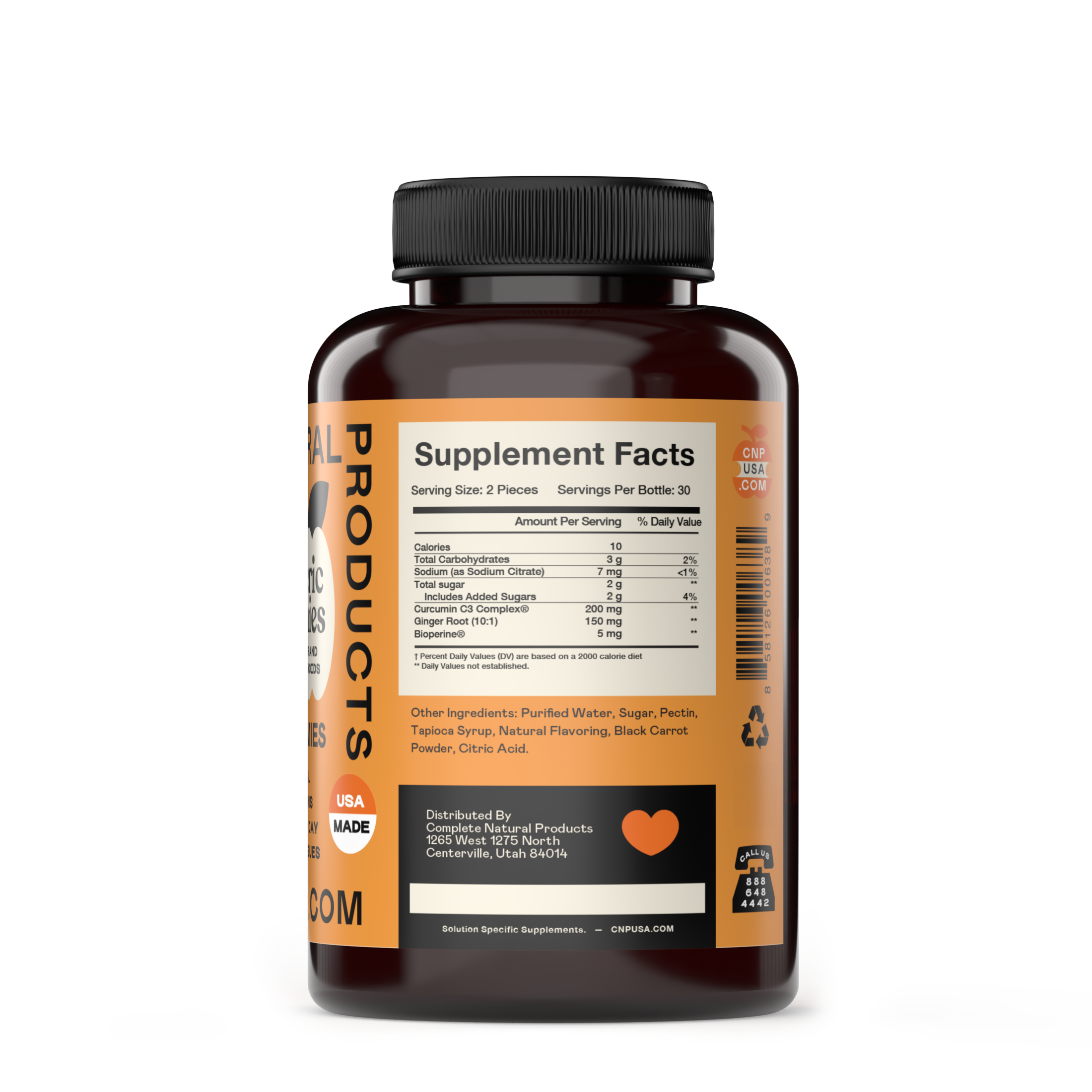 A brown plastic bottle with a black lid features an orange label on the back showing Supplement Facts and nutrition info for CNPUSA Turmeric & Ginger Gummies, including serving size, ingredients, and distributor details.