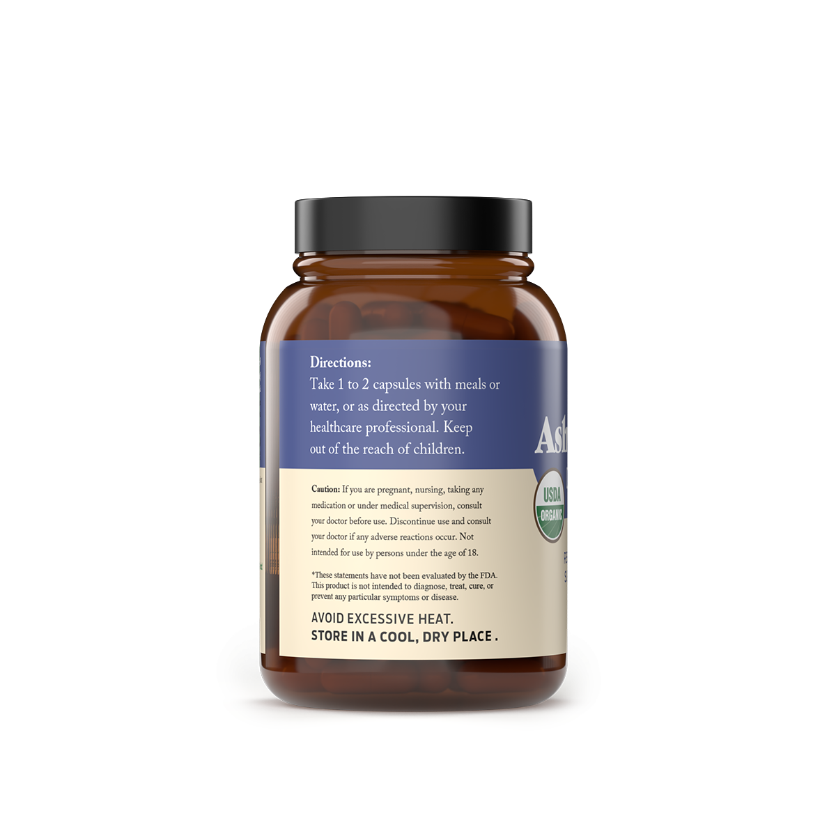 A brown bottle of CNPUSA Organic Ashwagandha Capsules shows usage directions, warnings, storage instructions, and recommends taking 1-2 capsules. Consult a professional before use. Based on Ayurvedic medicine; keep out of children’s reach.