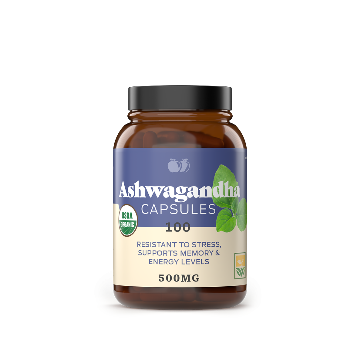 A brown bottle labeled CNPUSA Organic Ashwagandha Capsules, with green leaves and Resistant to stress, supports memory & energy, 500mg text. Features USDA organic and vegan symbols; made from Ayurvedic Withania somnifera.