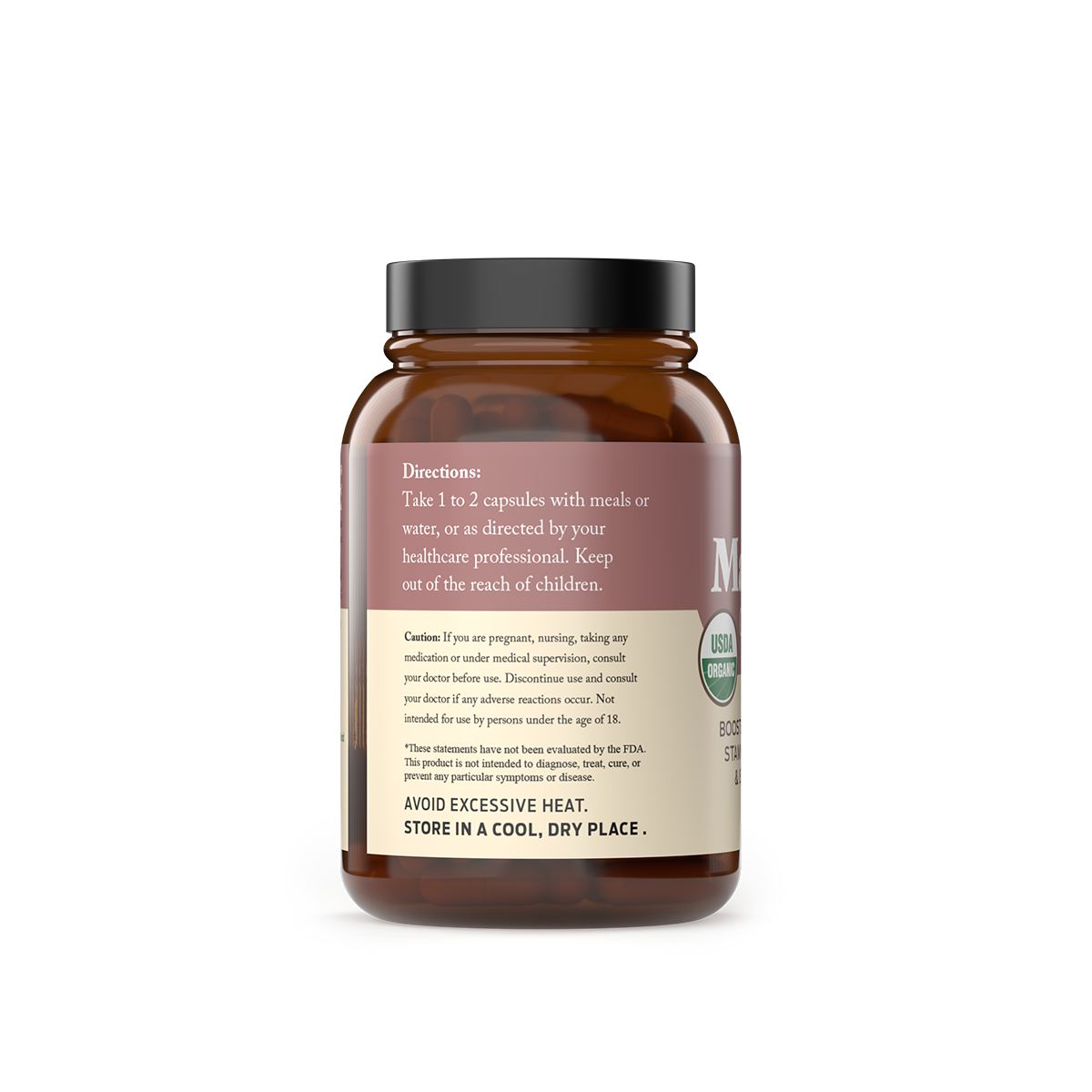 CNPUSA Organic Maca Root Capsules come in a brown bottle with a USDA Organic seal, offer plant-based nutrients, and advise taking 1–2 capsules with meals or water. Store away from heat and out of reach of children.