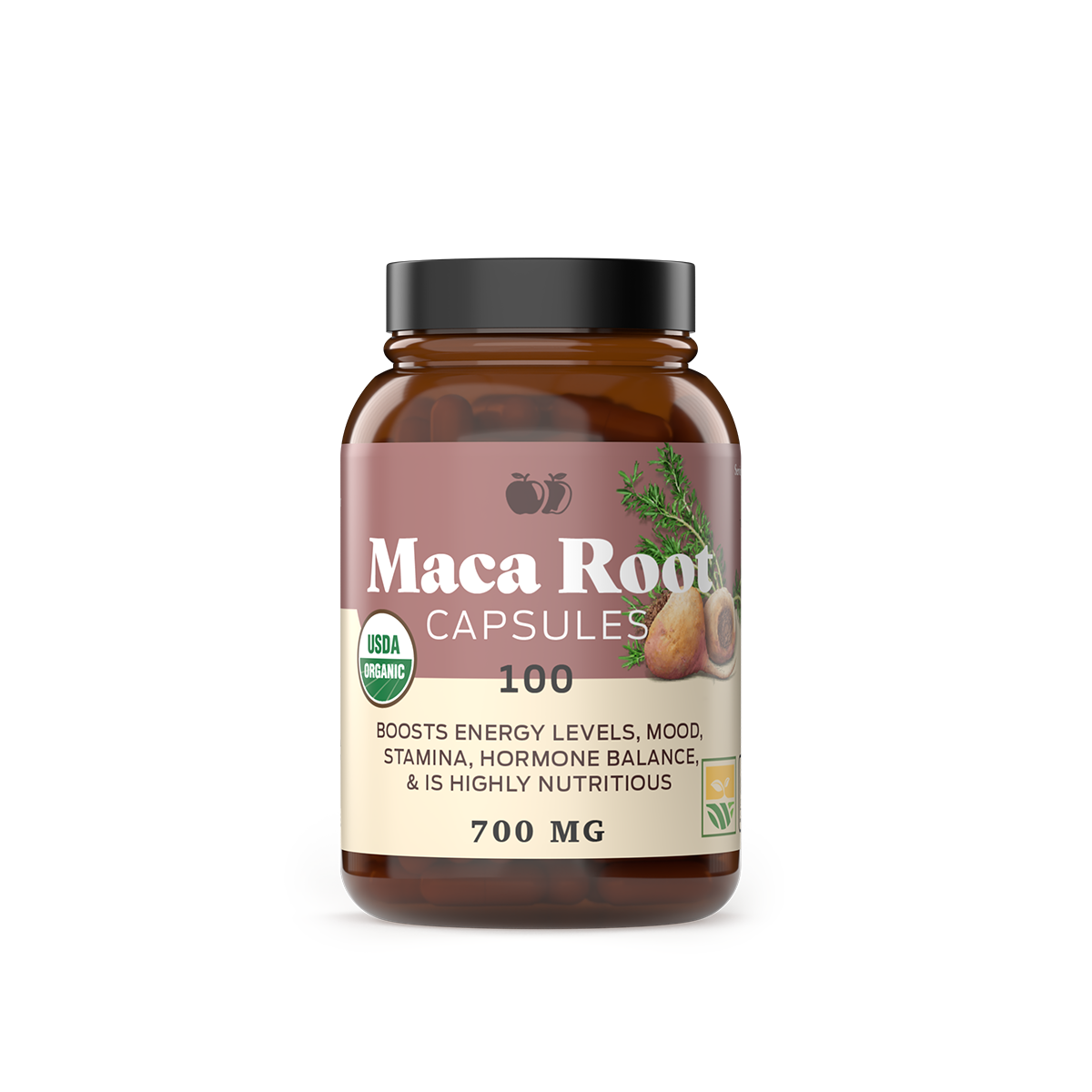 A brown bottle labeled CNPUSA Organic Maca Root Capsules 100, featuring maca root images, 700 MG strength, USDA Organic seal, and superfood benefits like energy, mood, stamina support, hormone balance, and plant-based nutrients.