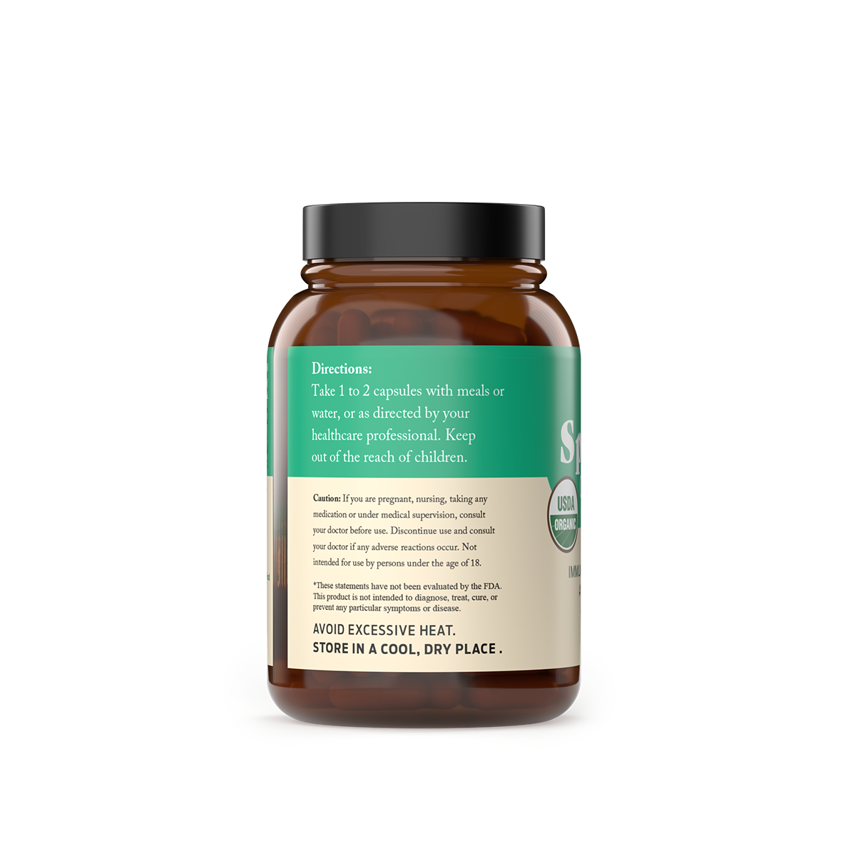 A brown bottle labeled CNPUSA Organic Spirulina Capsules features a green and white label with usage, precautions, and storage info. It contains Vegan Capsules, is sealed with a black cap, and shown isolated on a white background.