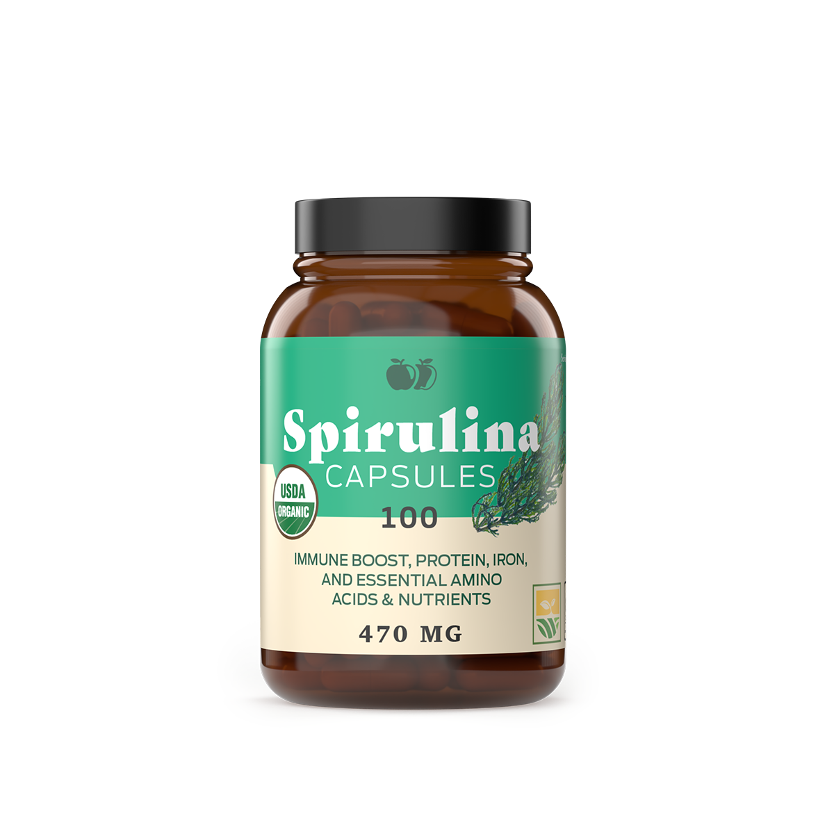 A brown bottle labeled CNPUSA Organic Spirulina Capsules features green and white accents. The label states 470 mg per vegan capsule, USDA organic certified, and highlights immune boost, protein, iron, and essential amino acids.