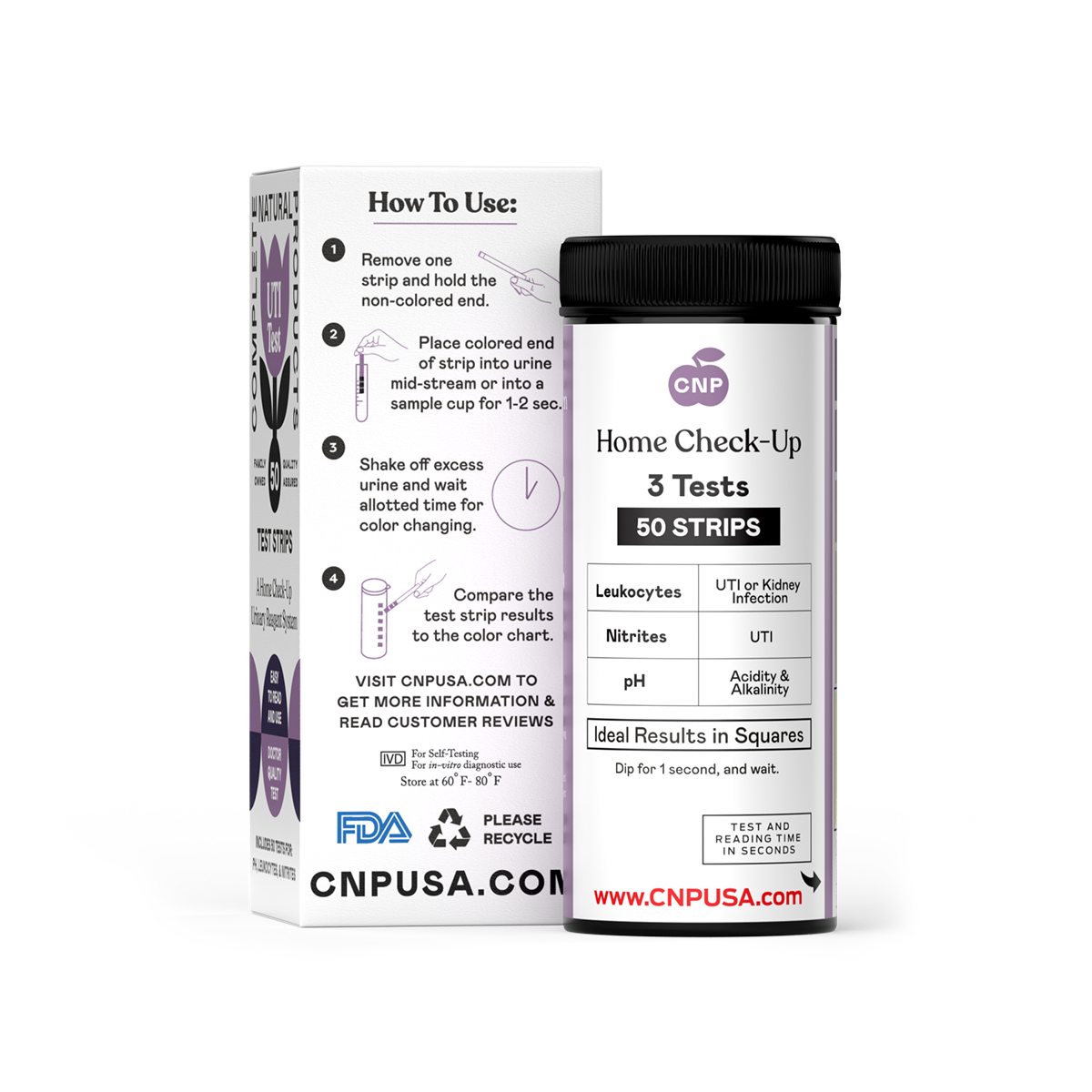 A CNPUSA UTI Test Strips - 50 Count box with usage instructions and icons, plus a bottle labeled “3 Tests, 50 Strips” for urinalysis. Includes a color chart and website link to help detect urinary tract infections.