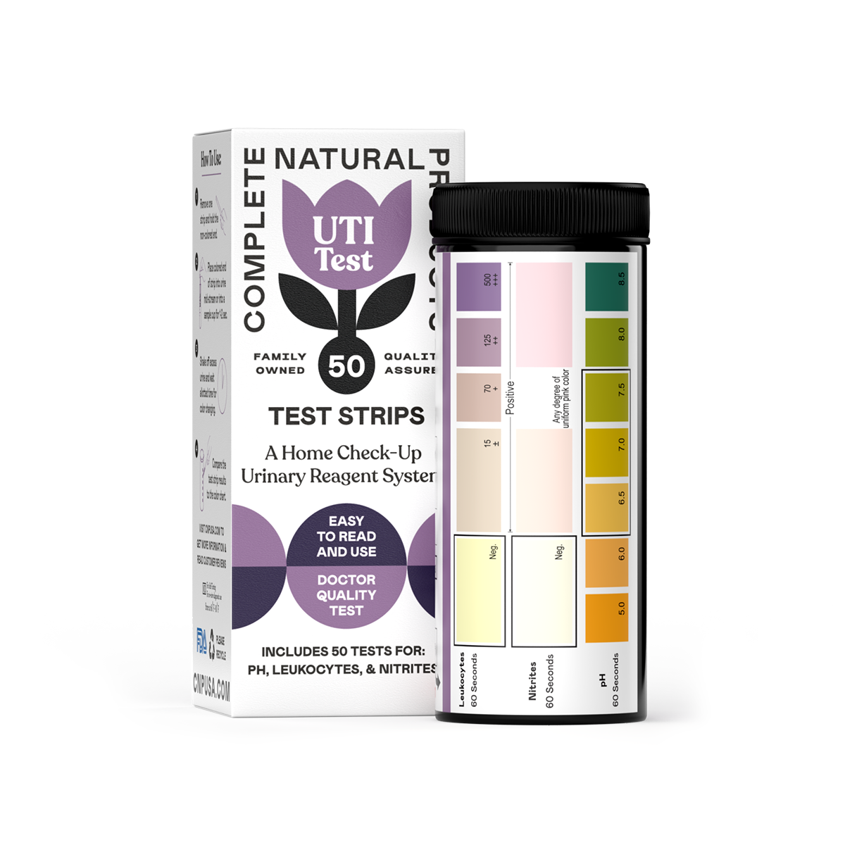 A box labeled CNPUSA UTI Test Strips - 50 Count and a black-capped container with a color chart for urinalysis. This kit includes 50 strips for easy at-home urinary tract infection detection.