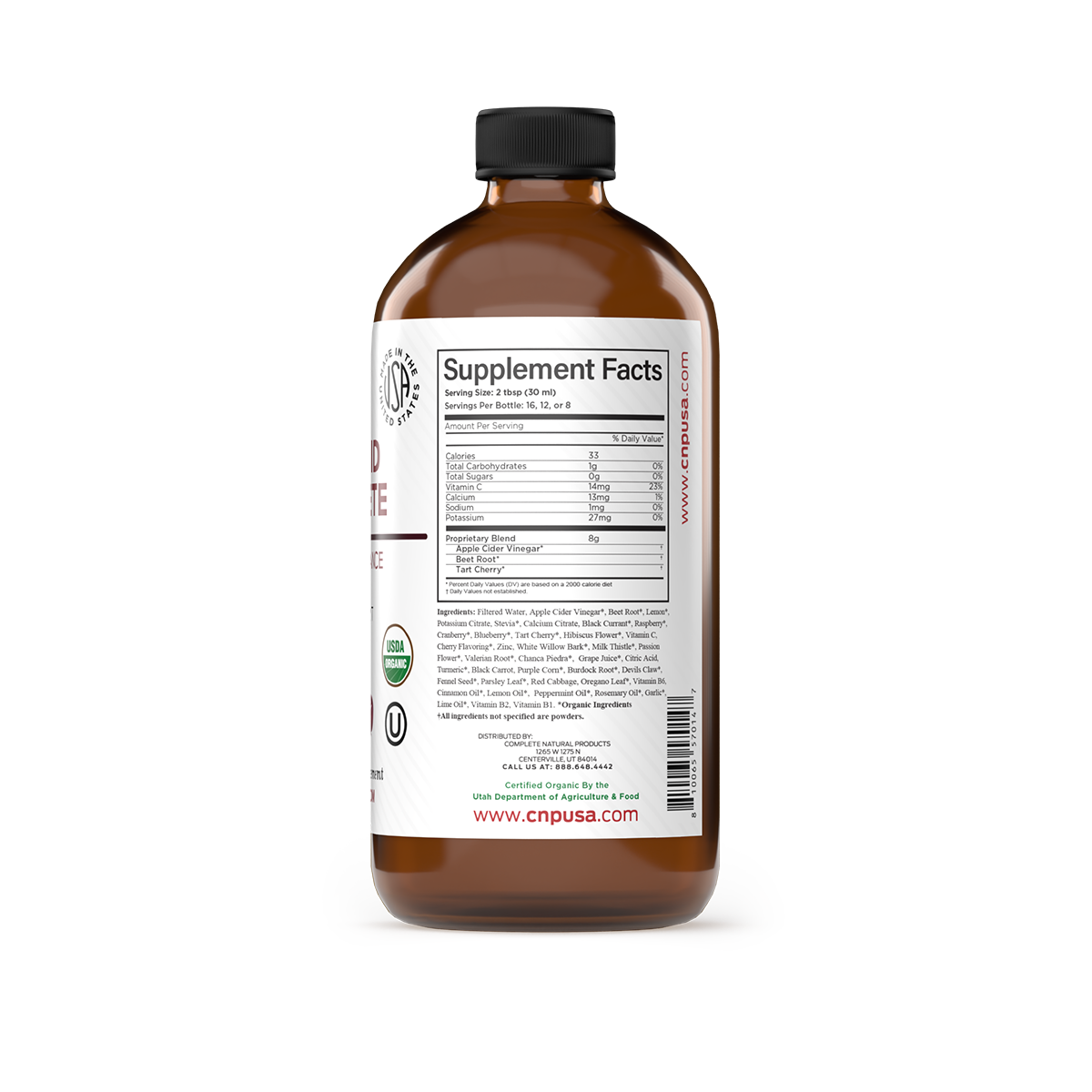 A brown glass bottle with a white label for CNPUSA’s Uric Acid Complete shows supplement facts, ingredients, certifications, website info, a barcode, and a supplement facts table for this organic uric acid relief product.