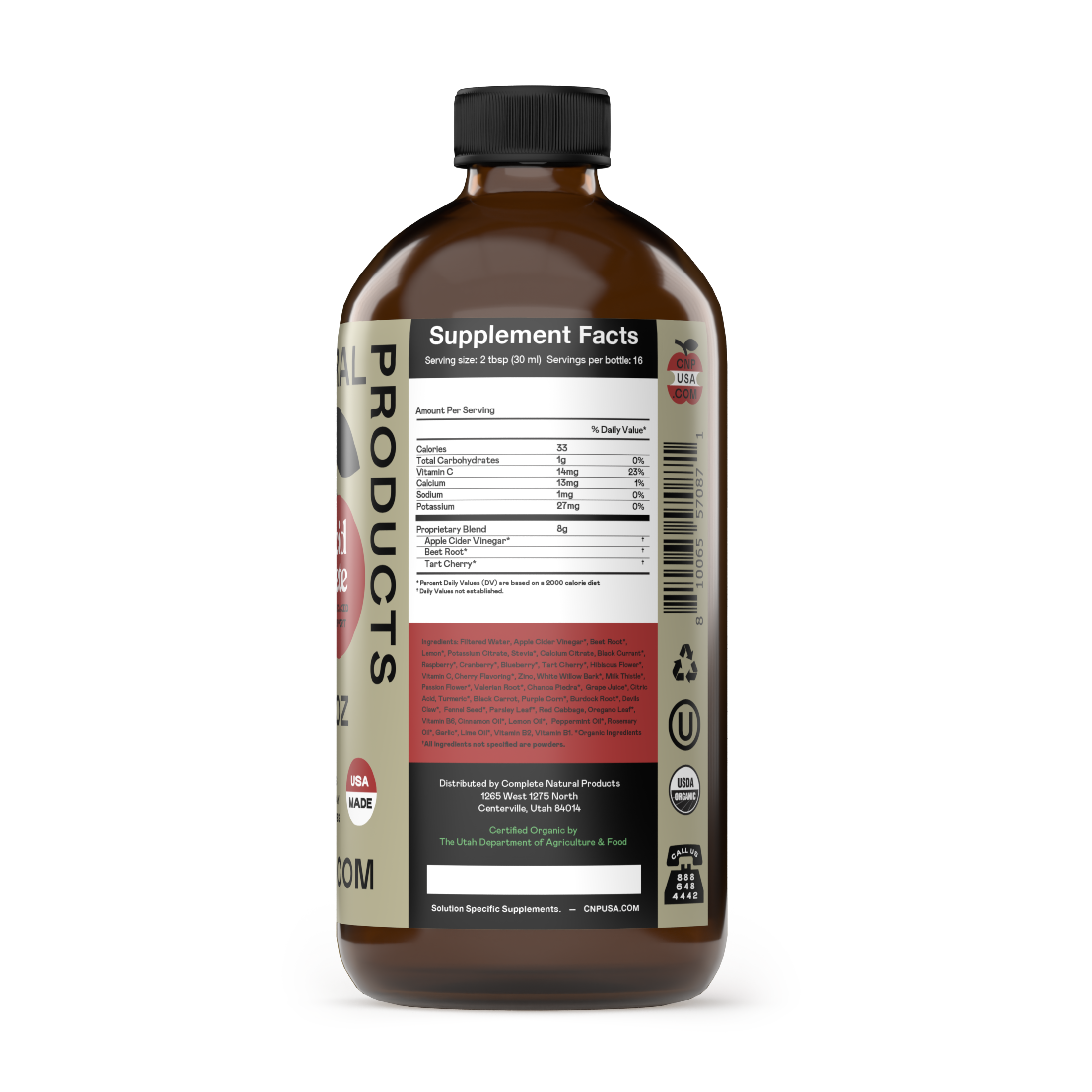 A black-capped brown glass bottle, Uric Acid Complete by CNPUSA (16oz), with a beige label showing supplement facts, barcode, and USDA Organic/Kosher logos. This liquid dietary supplement supports healthy uric acid levels.