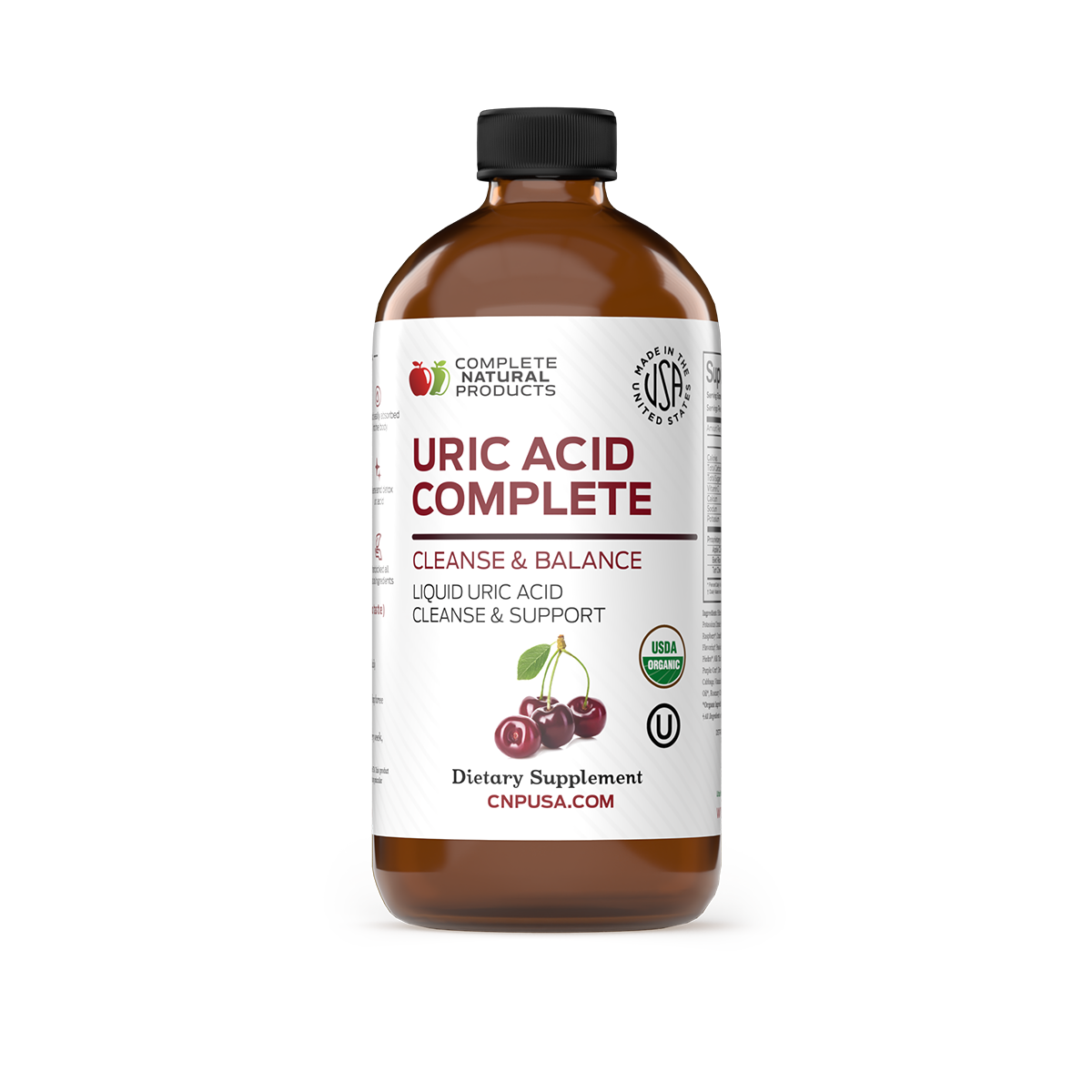 A brown bottle labeled Uric Acid Complete by CNPUSA, featuring cherries and cleanse and balance descriptions. This organic liquid dietary supplement offers a natural alternative for uric acid relief.