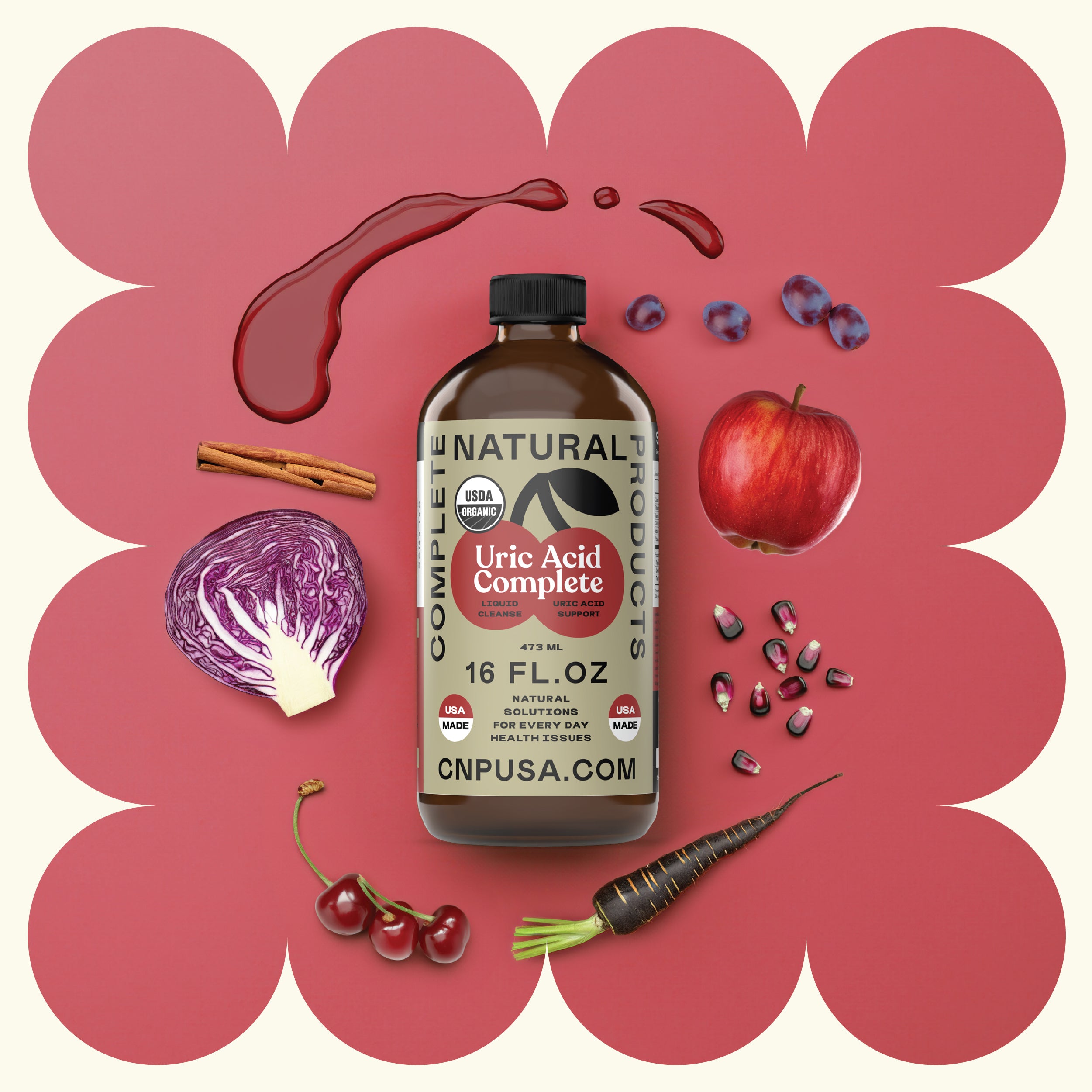 A 16oz glass bottle of CNPUSA Uric Acid Complete is displayed among organic apple slices, berries, cherries, red cabbage, black carrot, cinnamon sticks, and liquid splashes on a red background with a cream border.