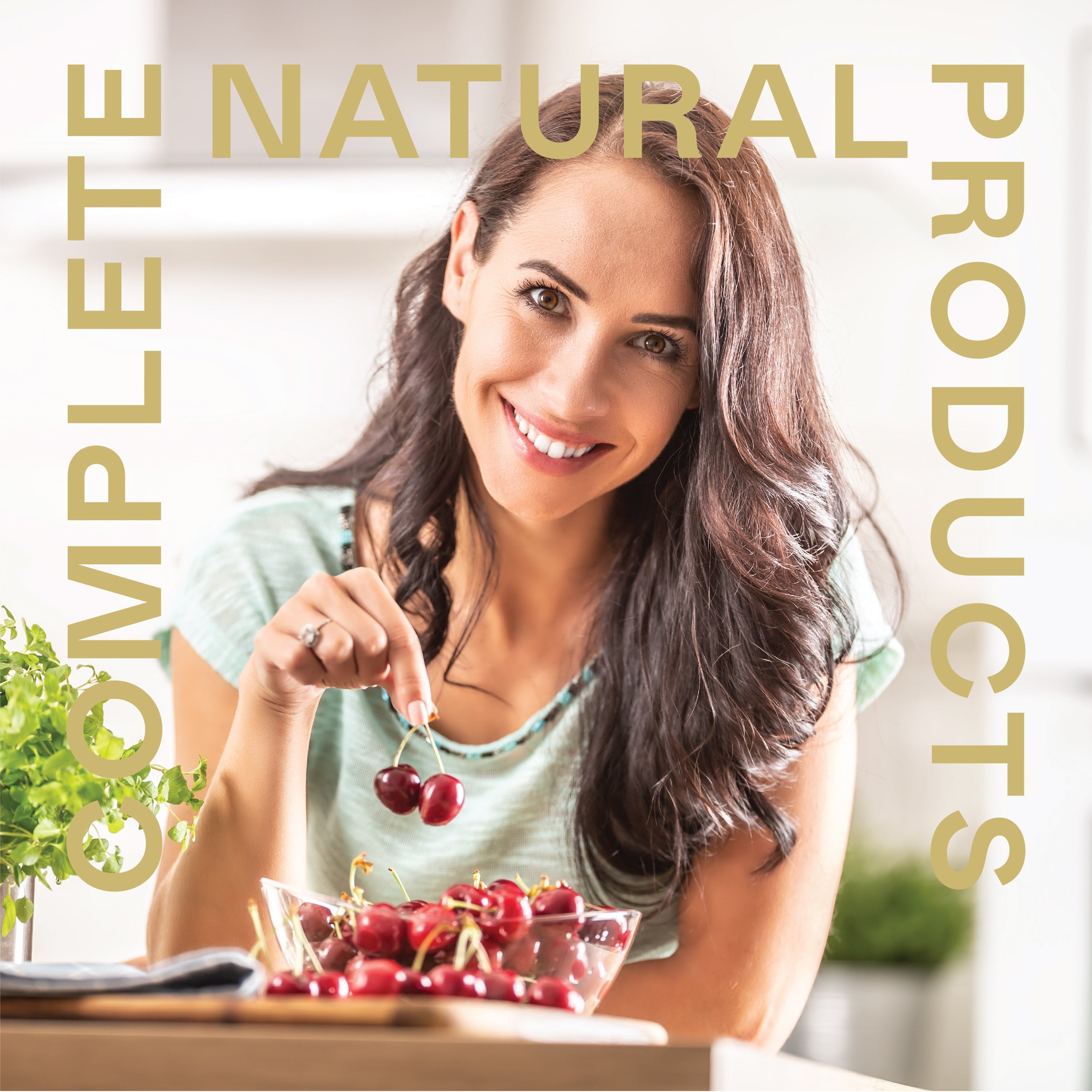 A smiling woman sits in a bright kitchen with a bowl of cherries, holding up a pair. Large text reads CNPUSA. Featured: Uric Acid Complete – 16oz Glass Bottle, perfect for your daily cleanse.