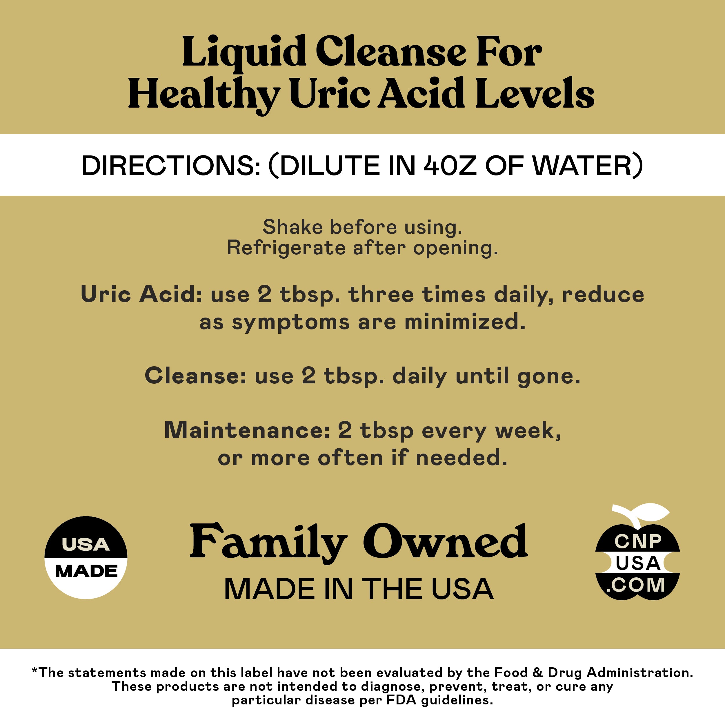 Find directions and details for CNPUSAs Uric Acid Complete - 16oz Glass Bottle, covering dosage, usage frequency, storage tips, and highlighting that its family-owned and made in the USA.