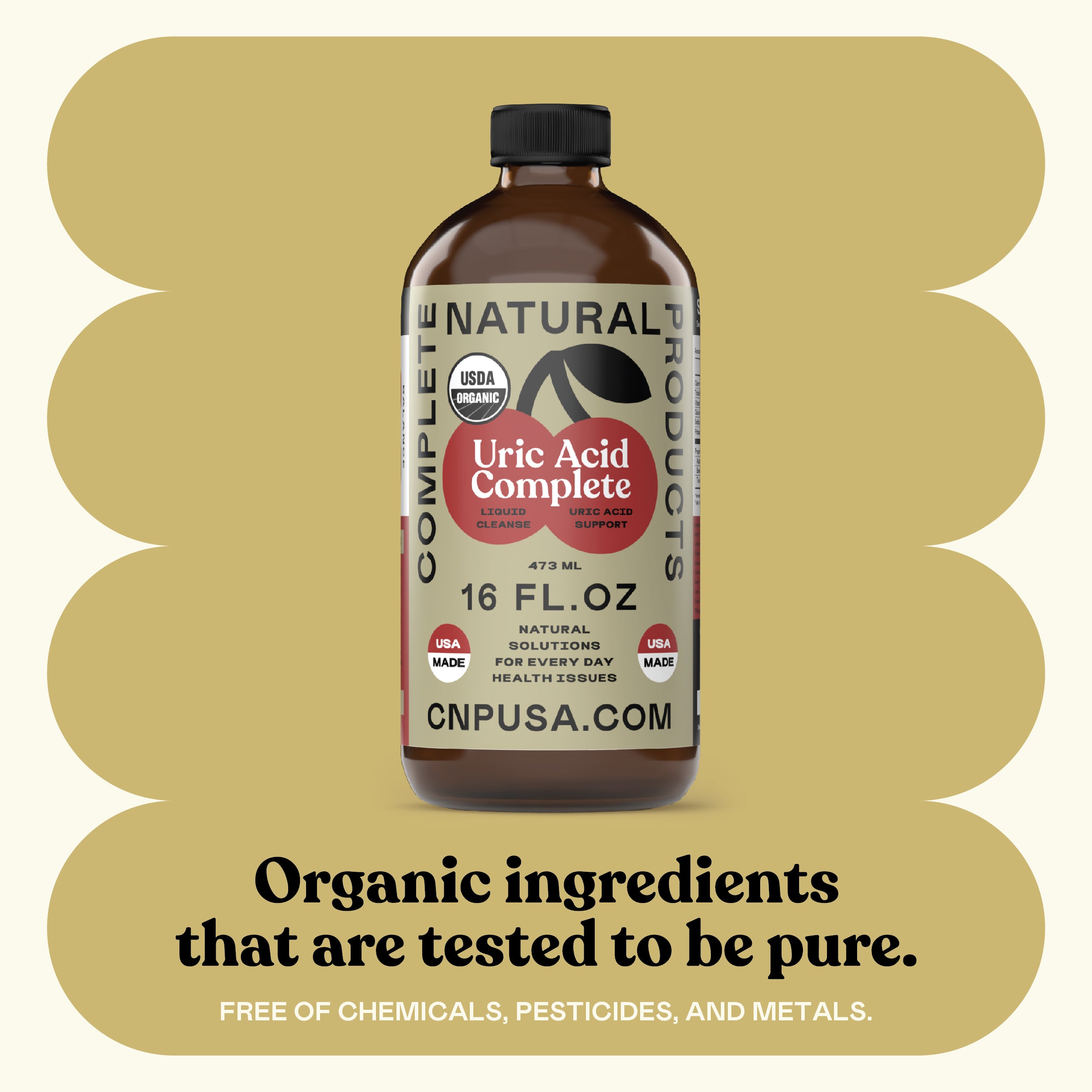 A 16oz brown glass bottle of CNPUSA Uric Acid Complete is centered on a beige background. Text below highlights organic, pure ingredients—free of chemicals, pesticides, and metals—for a natural uric acid remedy.