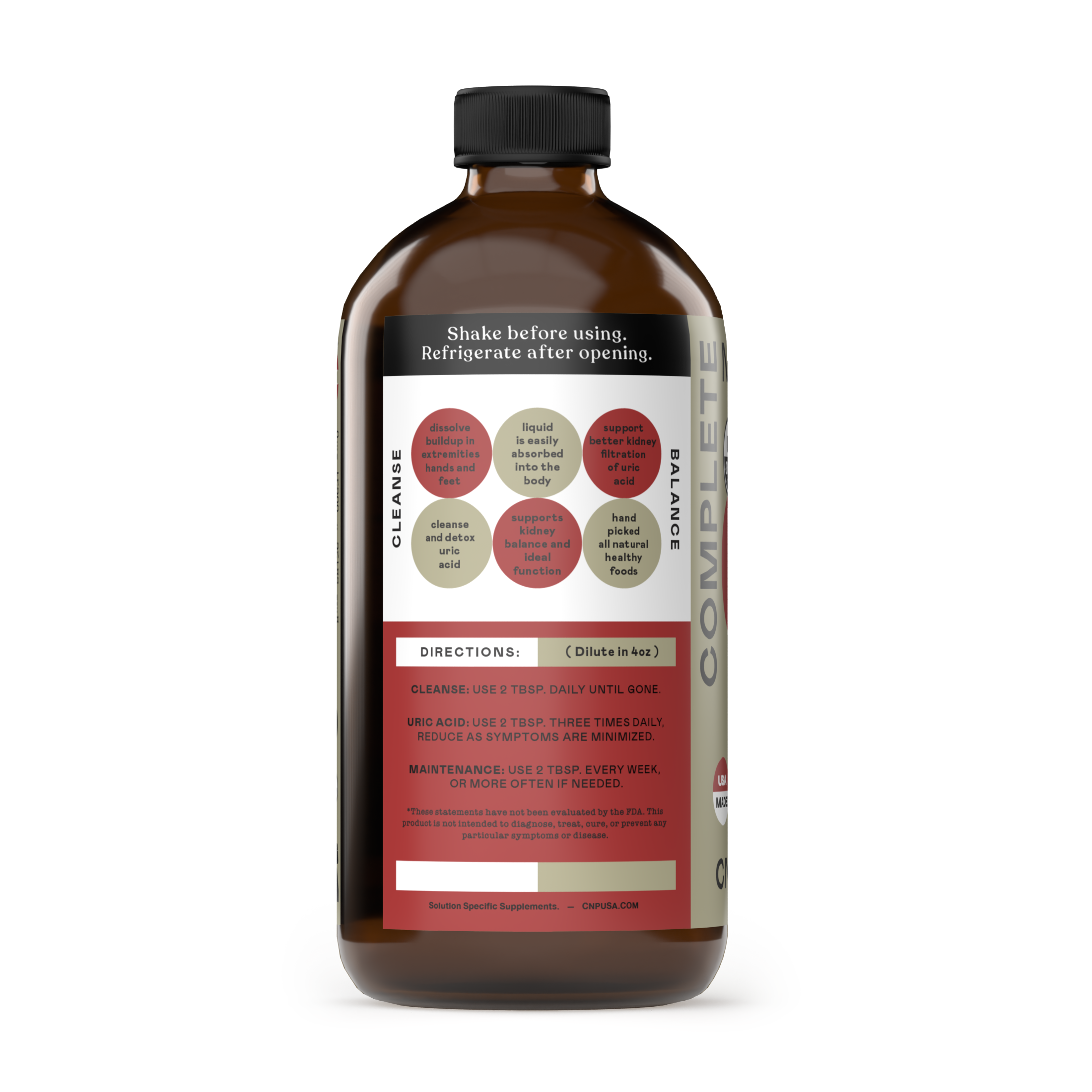 A 16oz brown glass bottle of CNPUSA Uric Acid Complete features a label with directions for use, dosage, dilution notes, instructions for daily and maintenance use, plus storage advice to shake and refrigerate after opening.